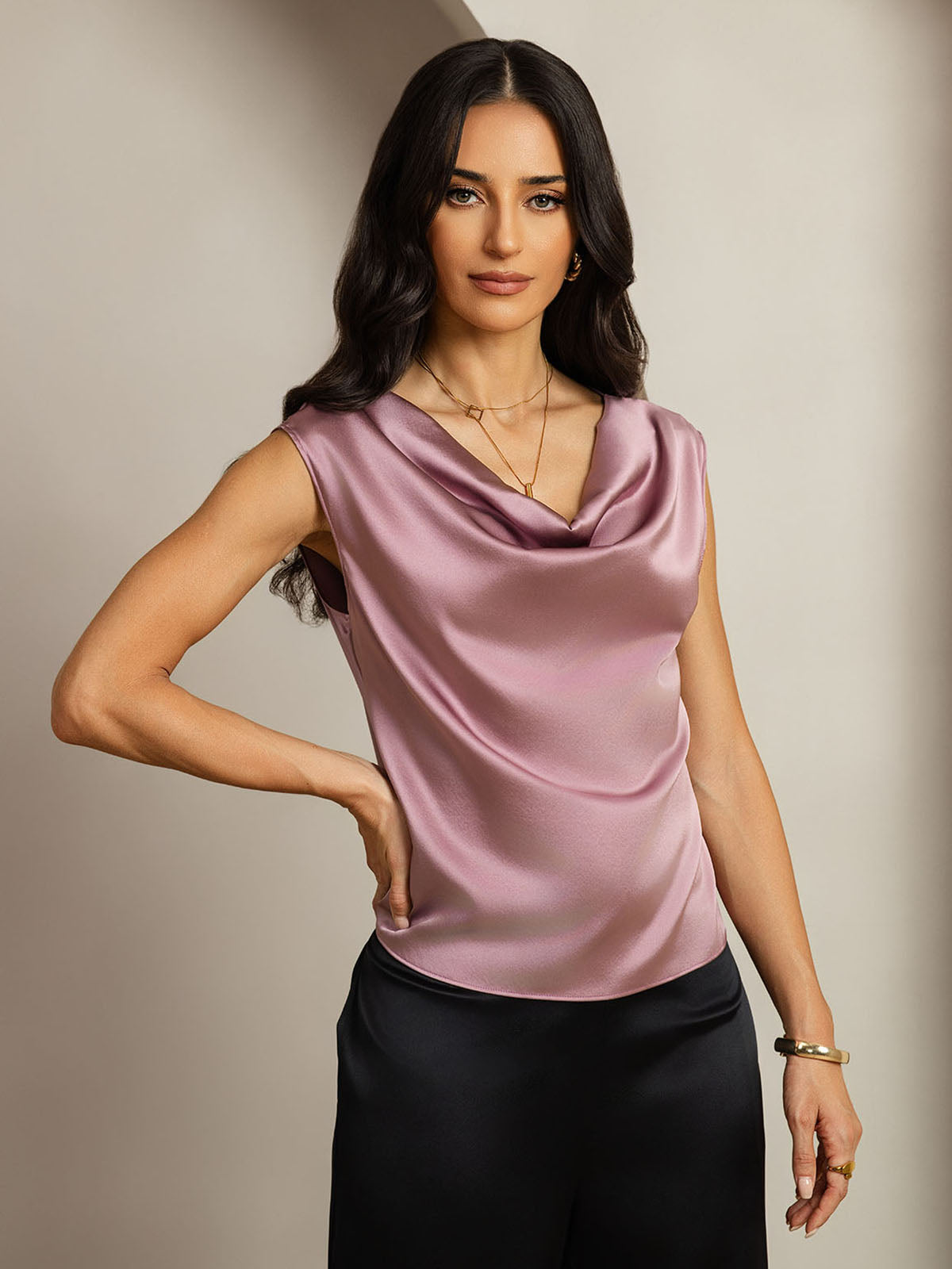 [Pale Mauve] SilkSilky-UK 19Momme Silk Cap Sleeve Cowl Neck Women's T-Shirt 004