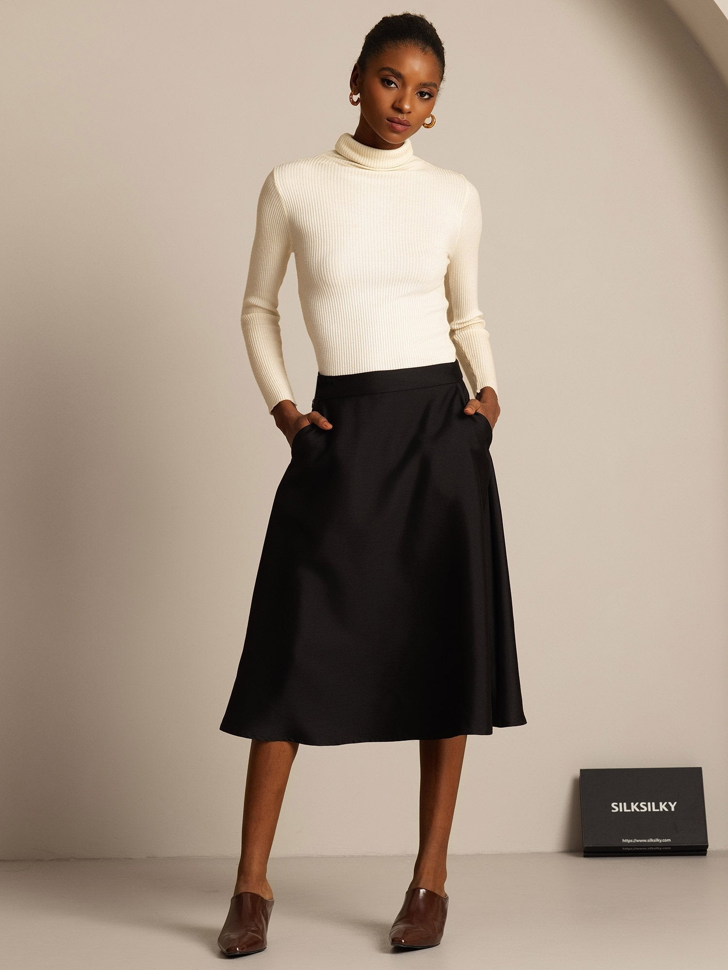 [Black] SilkSilky-UK 32Momme Silk-Wool Blend Skirt 005