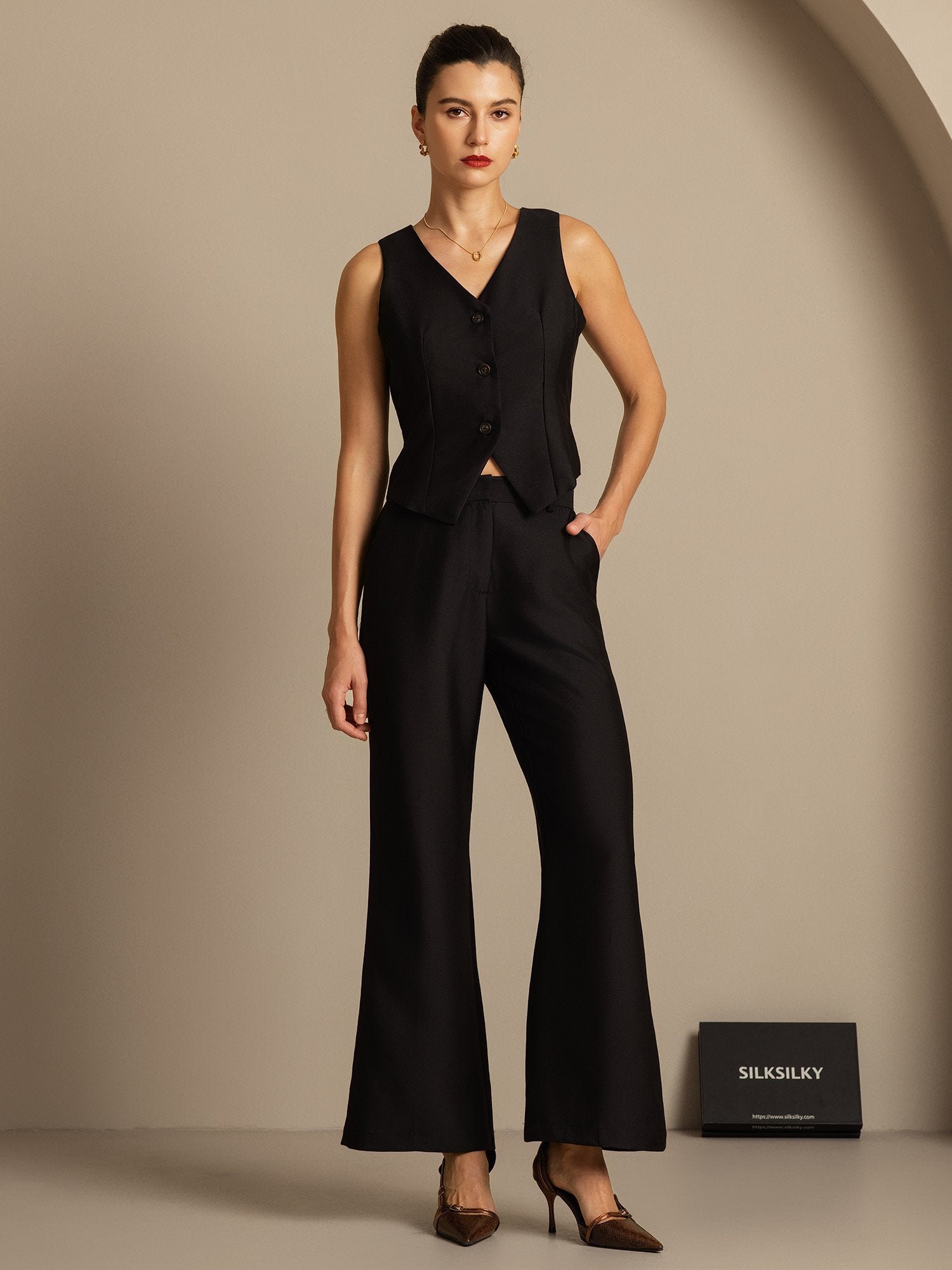 [Black] SilkSilky-UK 32Momme Silk-Wool Blend Womens Pants 004,