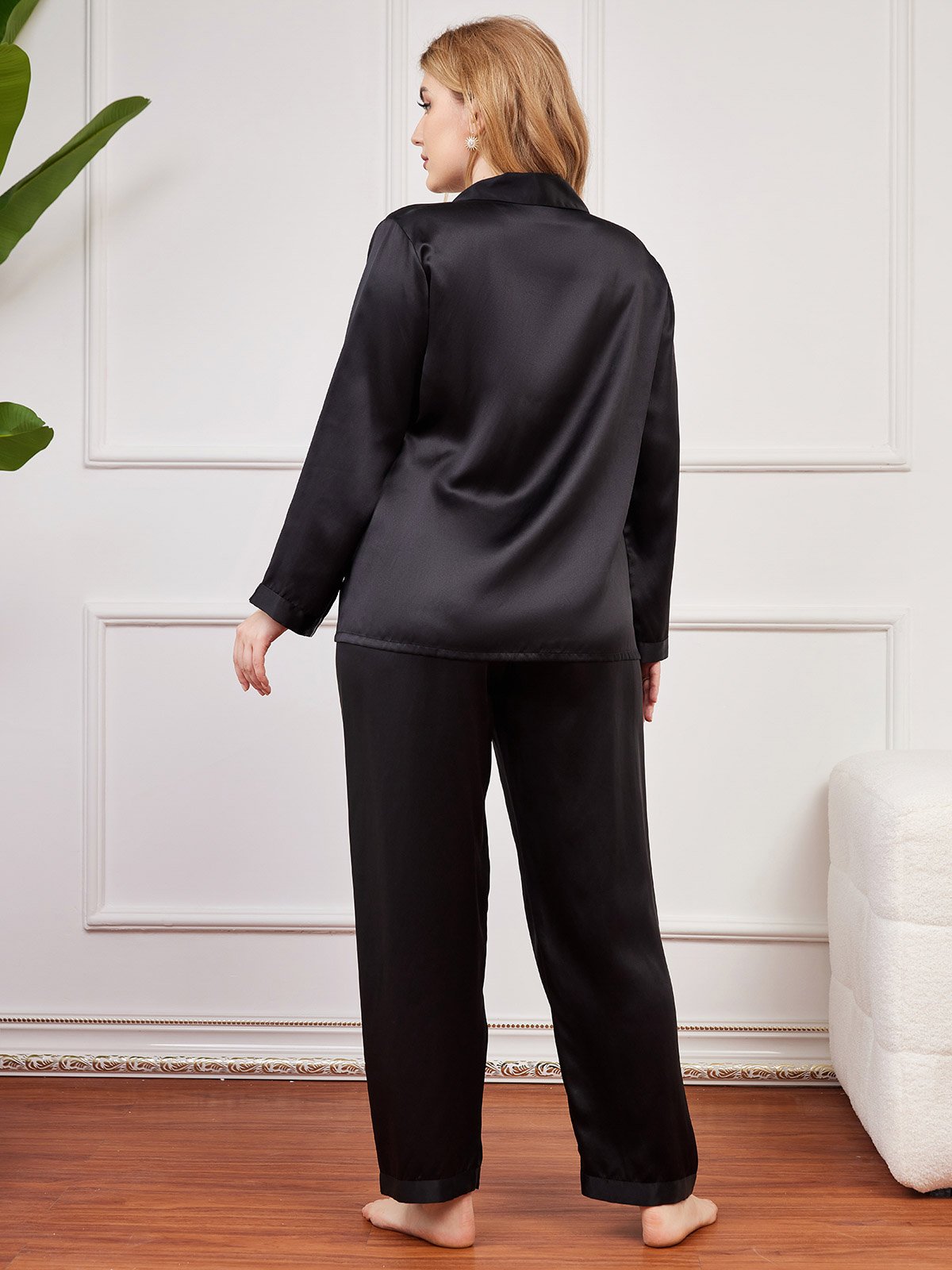 SilkSilky UK Pure Silk Long Sleeve Lapel Plus Size Pyjamas Black 002