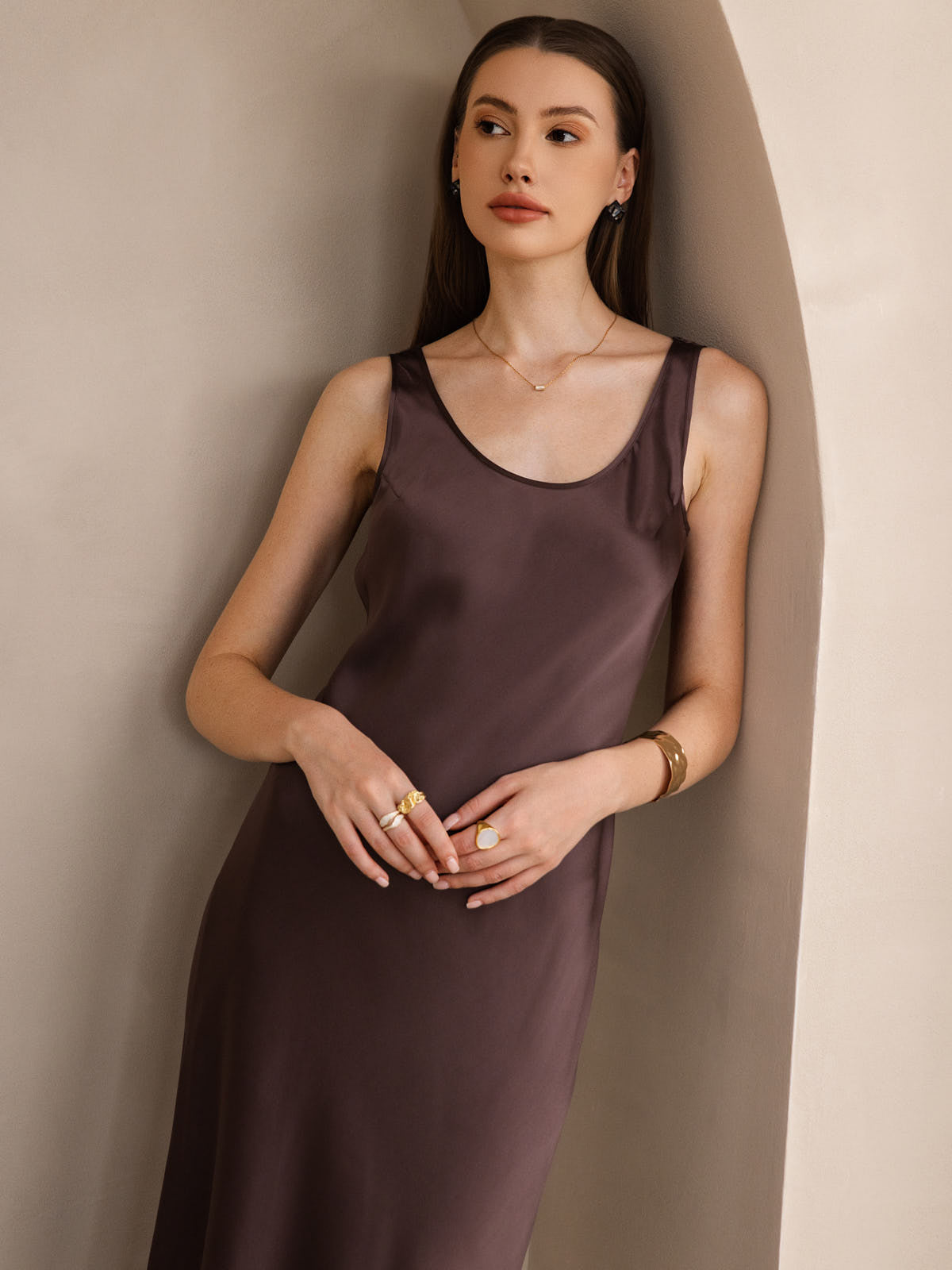 [Coffee] SilkSilky-UK Pure Silk Boat Neck Dress 003