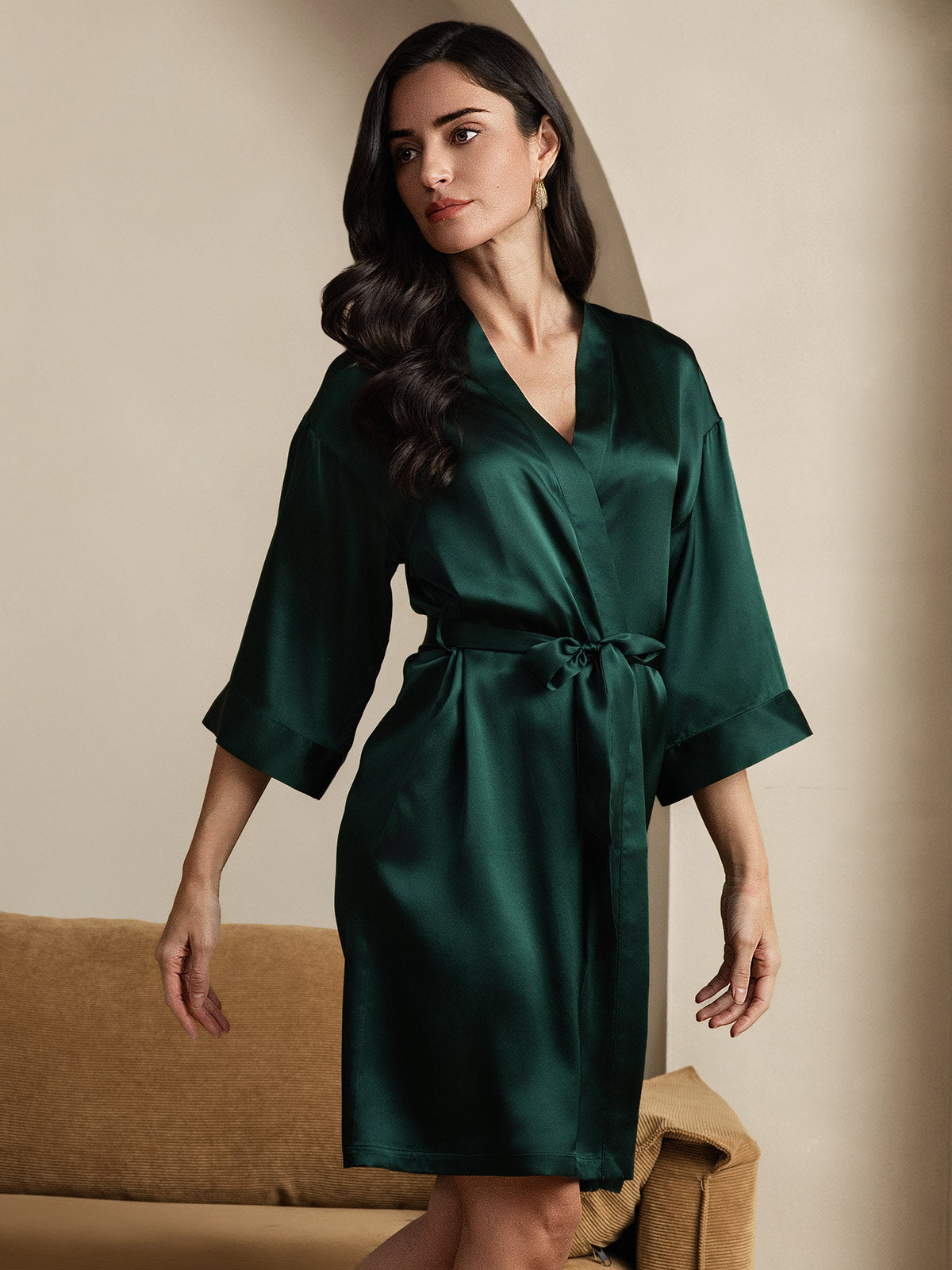 [Dark Green] SilkSilky-UK 3/4 Sleeve Women's Dressing Gown 001