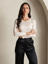[Beige] SilkSilky-UK Silk Jersey Long Sleeve Round Neck Women's T-Shirt 005