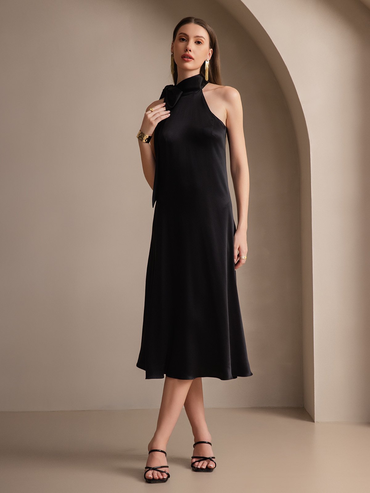 [Black] SilkSilky-UK 19Momme Silk Sleeveless Tie Neck Dress 004