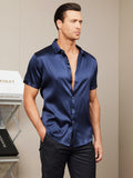 SilkSilky UK Silk Short Sleeve Collar Men's Shirt DarkBlue 007