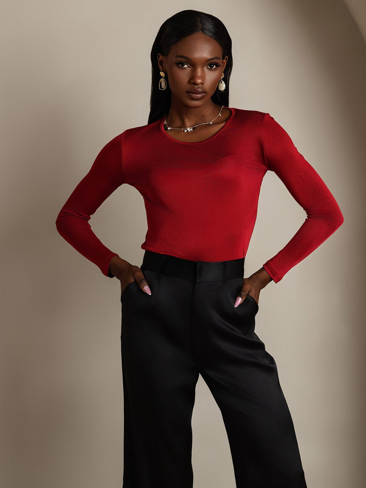 [Wine] SilkSilky-UK Silk Long Sleeve Round Neck Women's T-Shirt 001