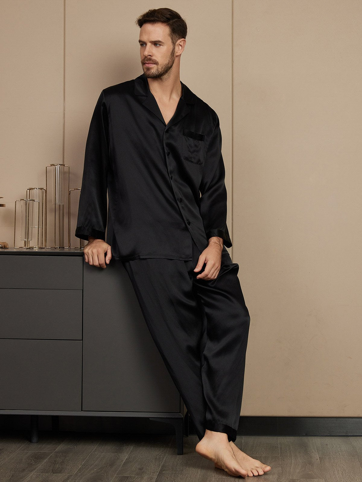 [Black] SilkSilky-UK Pure Silk Mens Pajamas 004