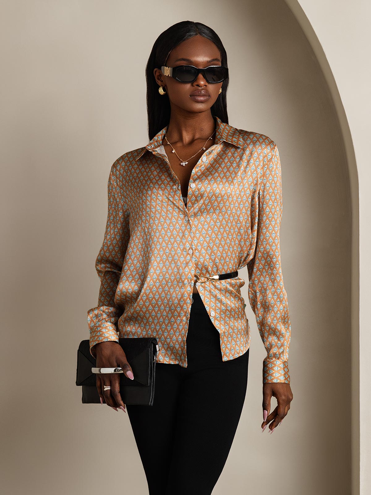 [Floral] SilkSilky-UK Silk Long Sleeve Collar Women's Shirt 006