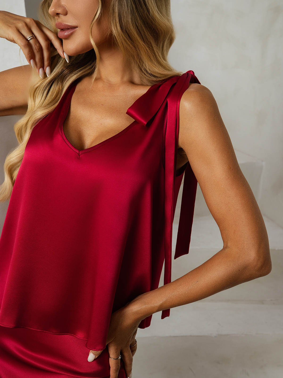 [Wine] SilkSilky-UK 19Momme Silk V Neck Women''s Outfit Sets 003