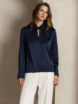 [Dark Blue] SilkSilky-UK 19Momme Silk Keyhole Neck Women's Shirt 005