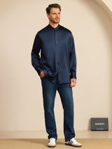 [Dark Blue] SilkSilky-UK Long Sleeve Stand Collar Men''s Shirt 008