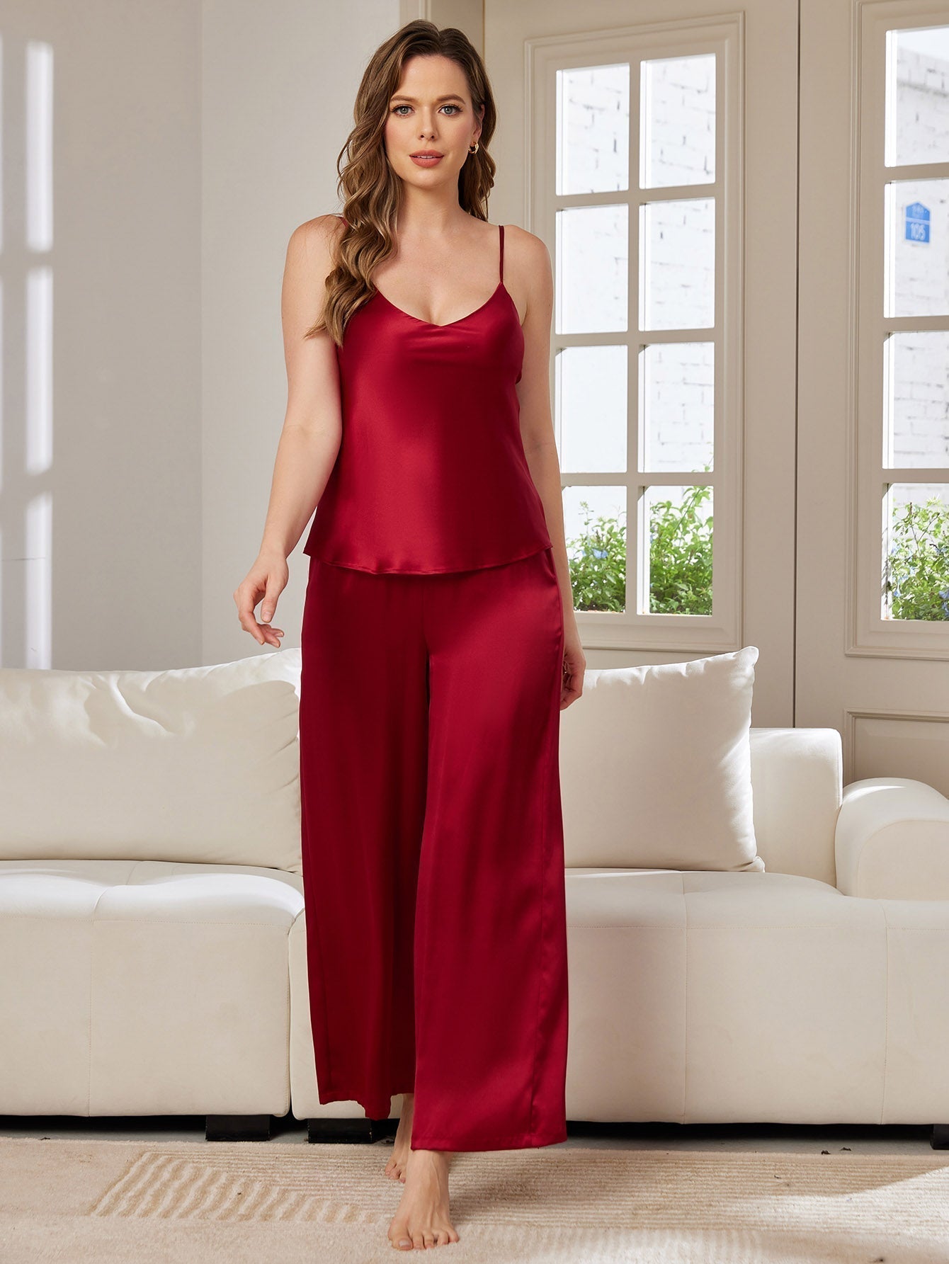 [Wine] SilkSilky-UK Spaghetti Strap V Neck Camisole Set 003