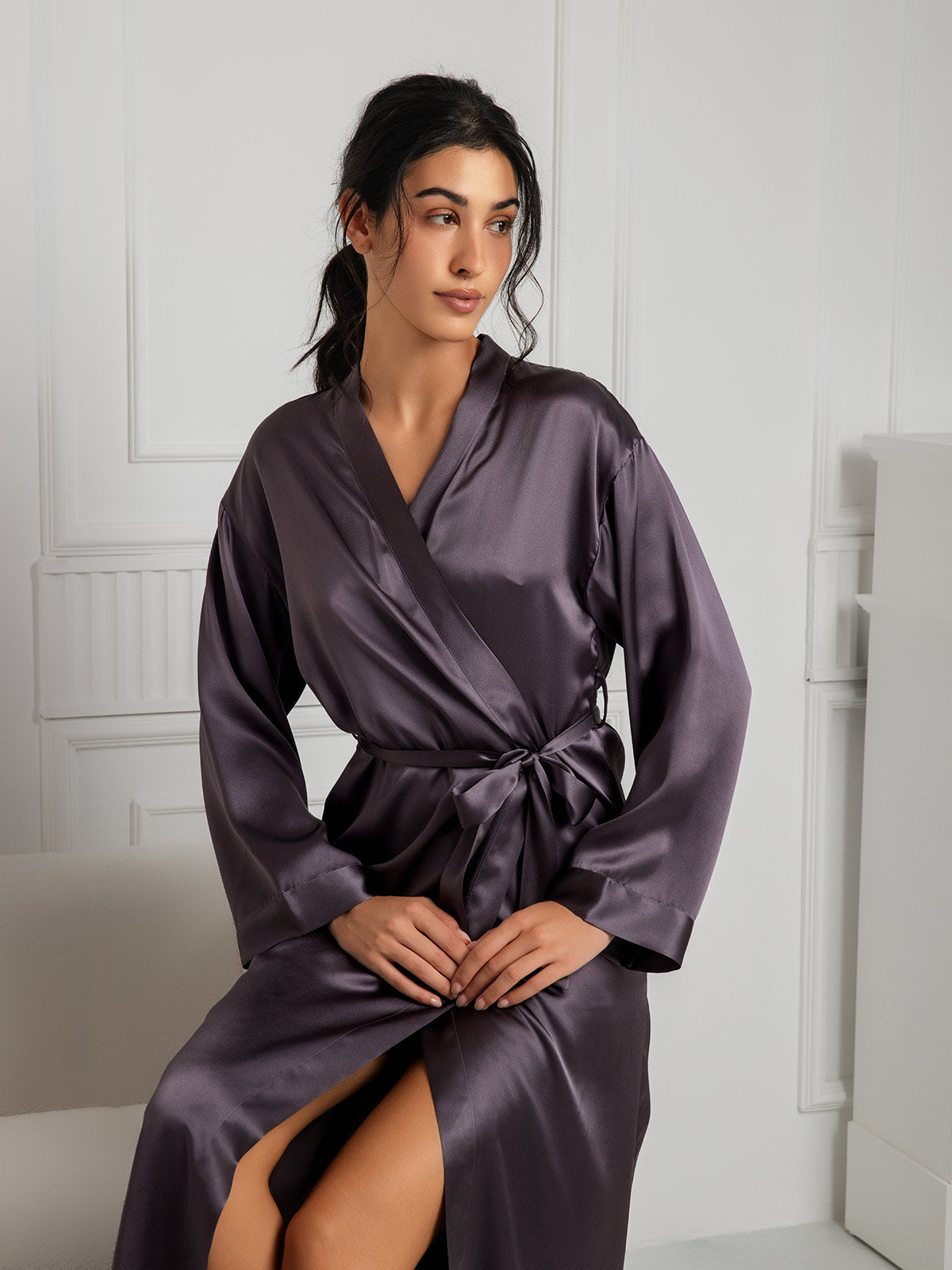 SilkSilky-UK Pure Silk Long Sleeve Womens Robe PurpleGray 006