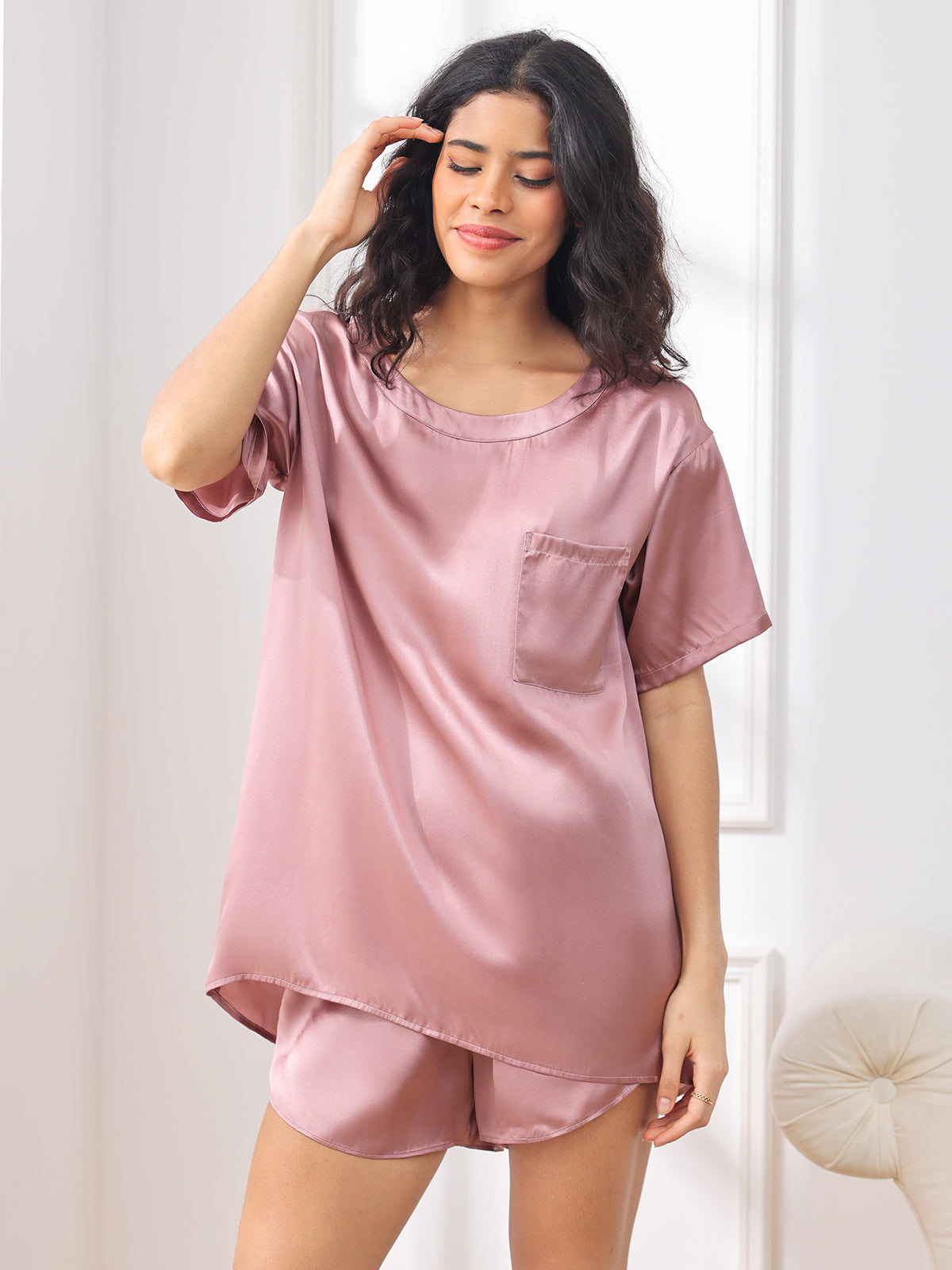 SilkSilky-UK Pure Silk Short Sleeve Round Neck Women's Pyjamas PaleMauve 003