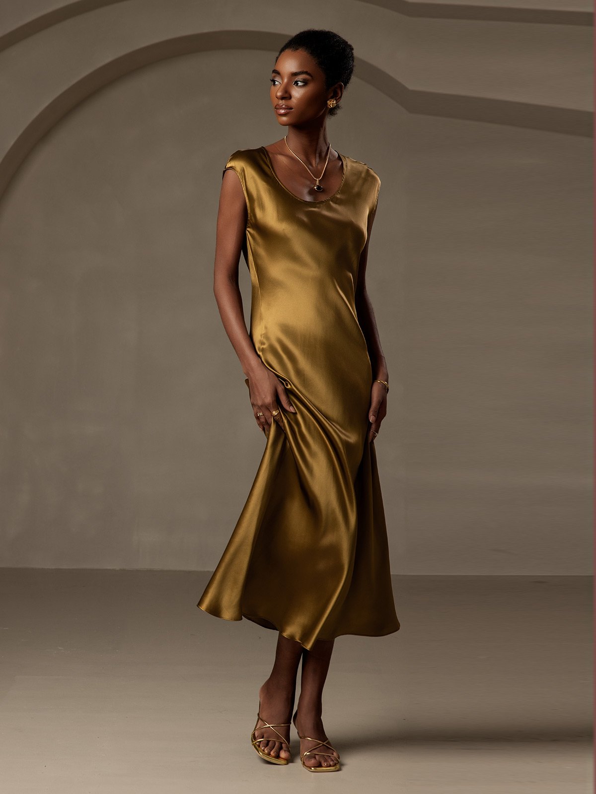 [Brown] SilkSilky-UK 19Momme Silk Cap Sleeve Round Neck Dress 006