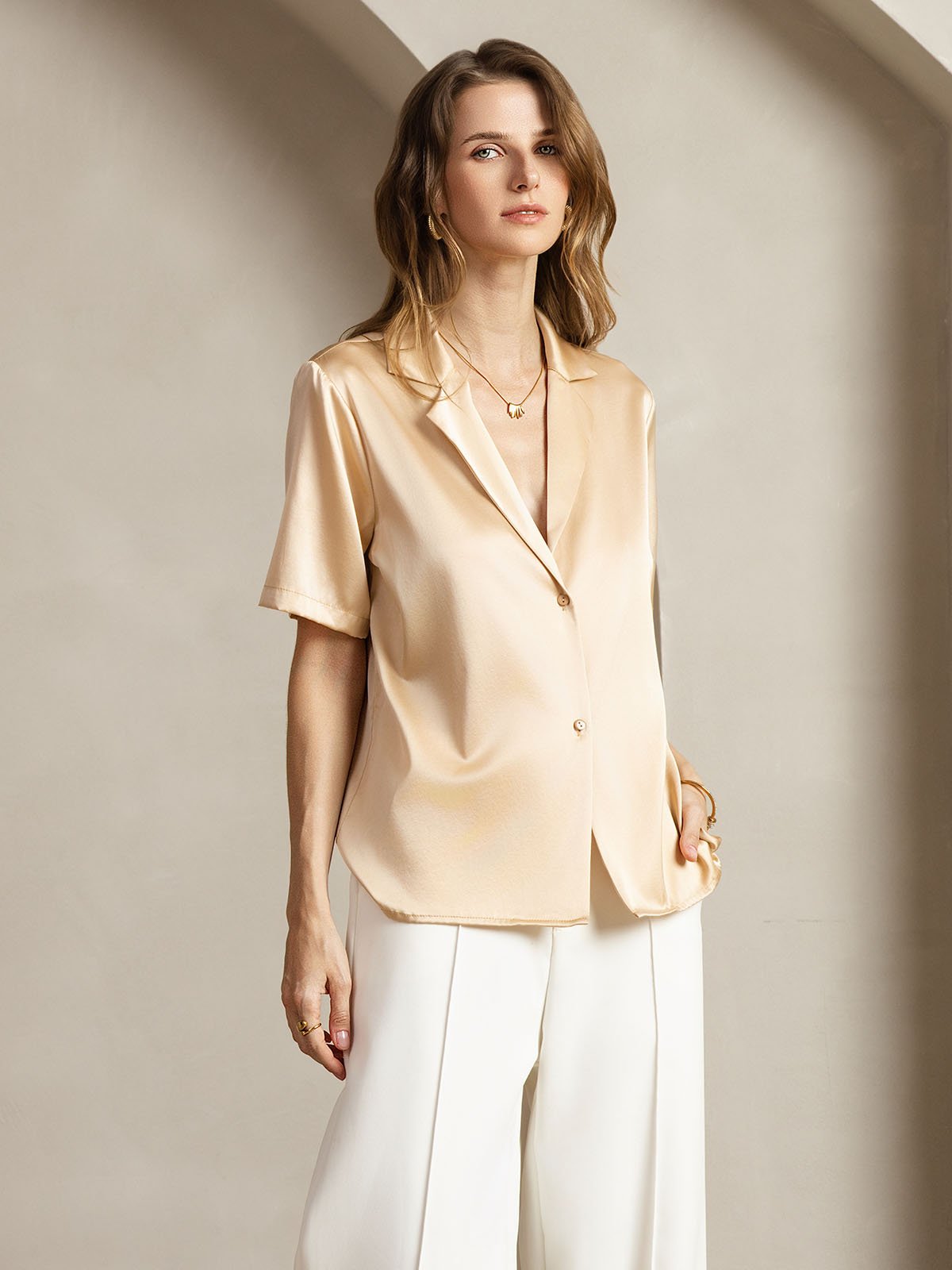 [Champagne] SilkSilky-UK 19Momme Silk Notched Neck Women's Shirt 006