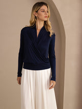 [Dark Blue] SilkSilky-UK Long Sleeve Wrap Women's Blouse 001