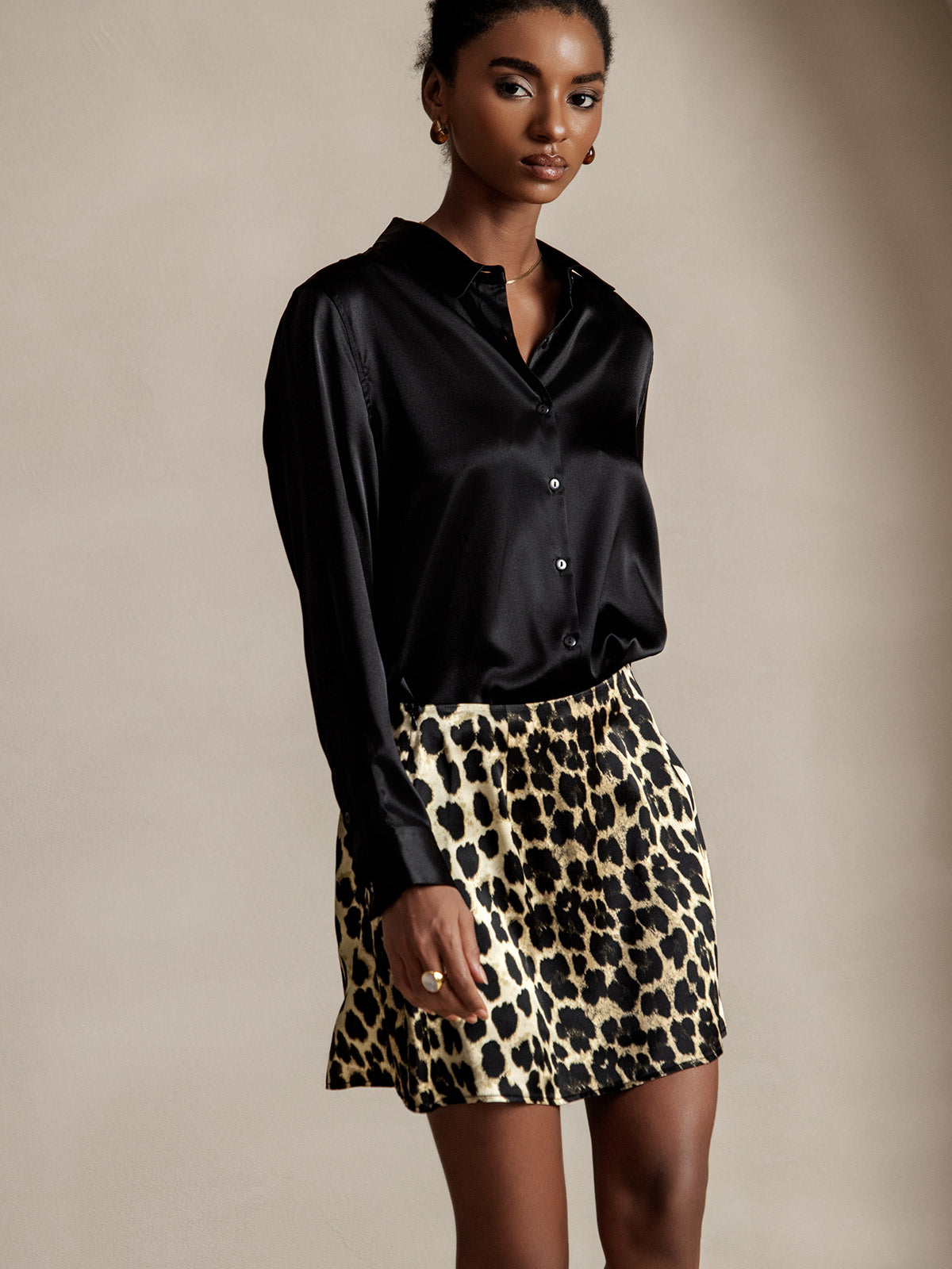 [Black] SilkSilky-UK Silk Long Sleeve Collar Women's Shirt 005