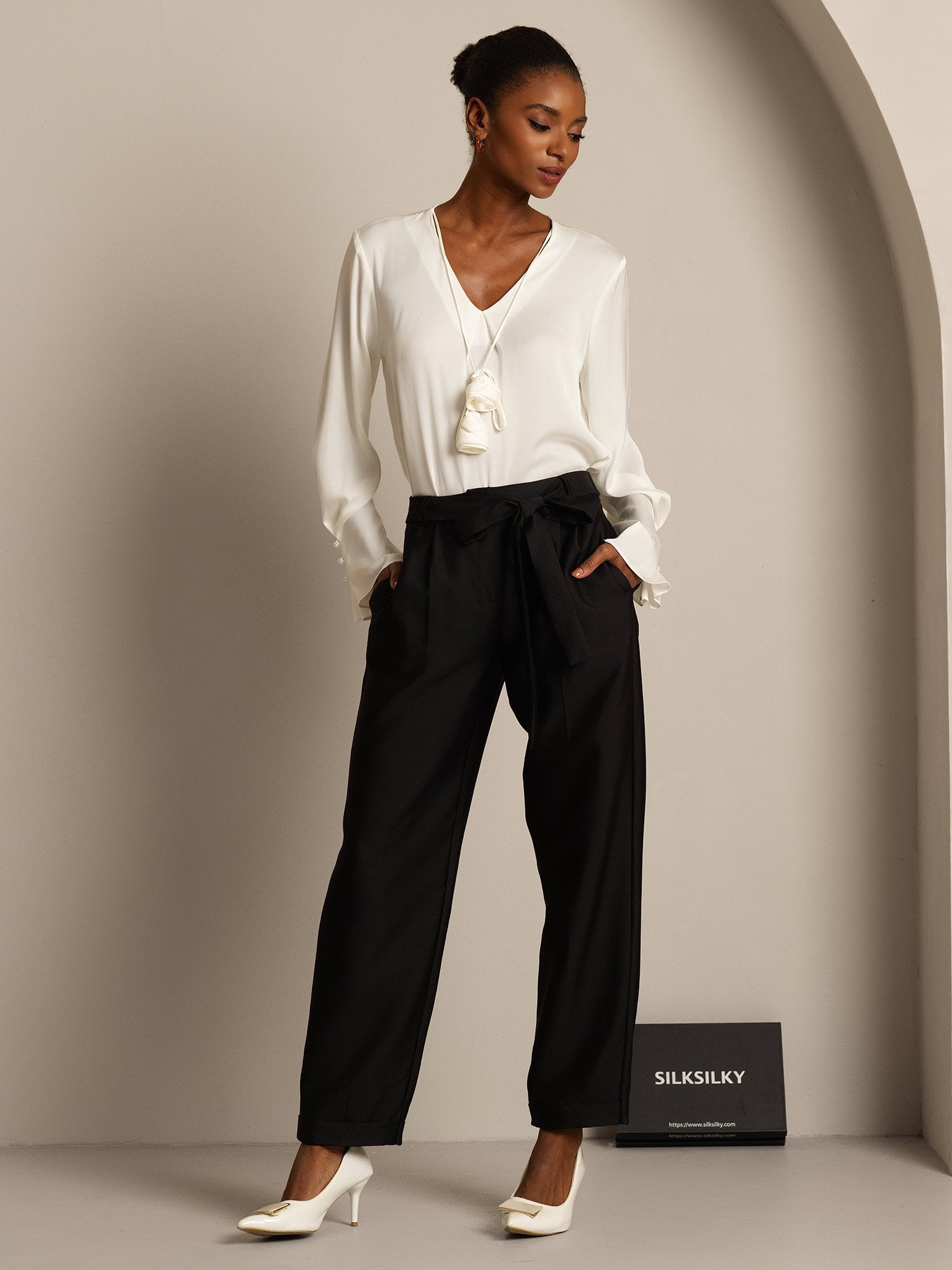 [Black] SilkSilky-UK 32Momme Silk-Wool Blend Womens Pants 007,