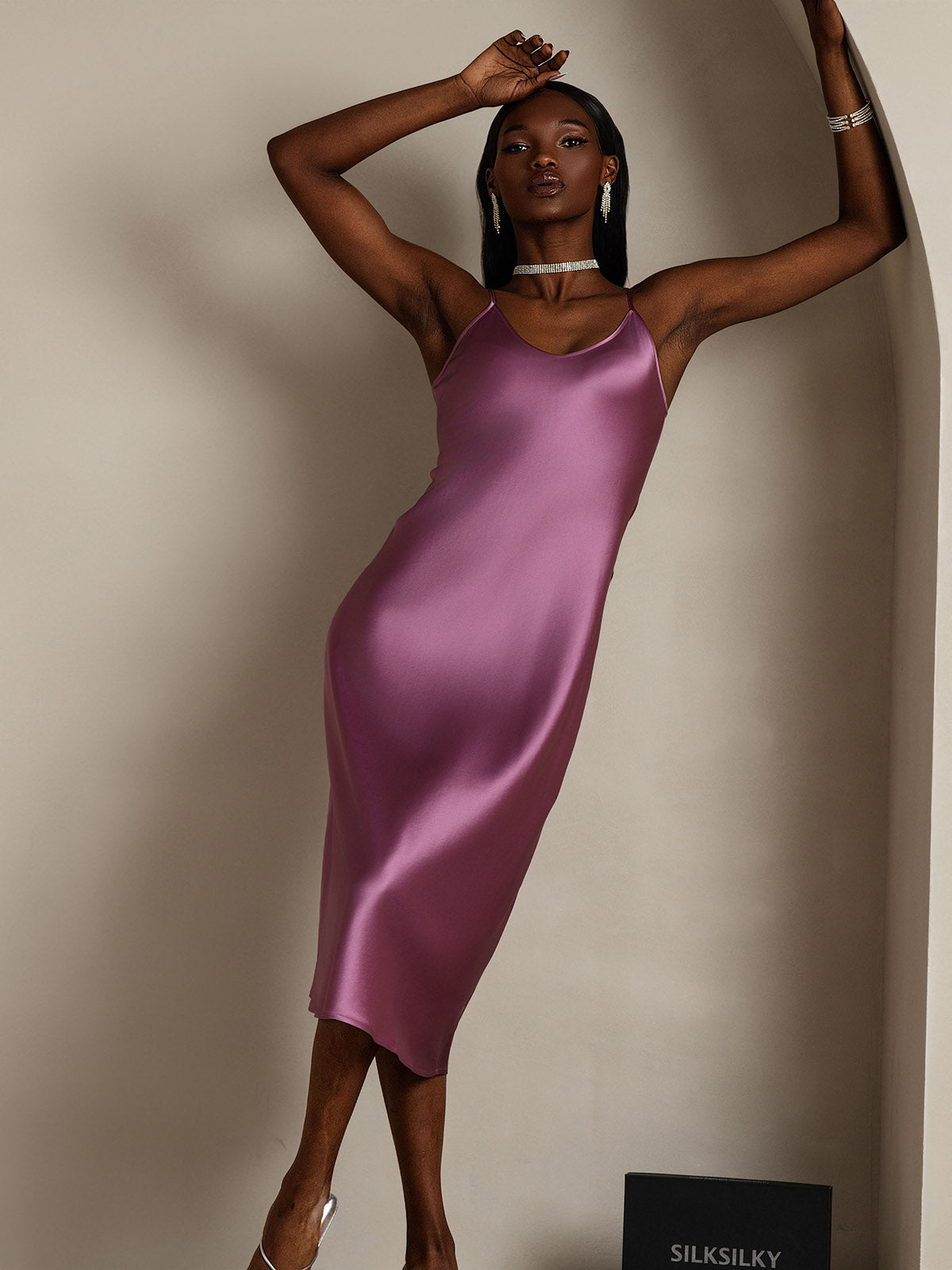 [Deep Purple] SilkSilky-UK Spaghetti Strap V Neck Dress 001