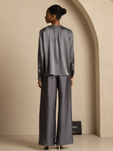 [Dark Gray] SilkSilky-UK 19Momme Stretch Silk Charmeuse Long Sleeve Round Neck Blouse 002