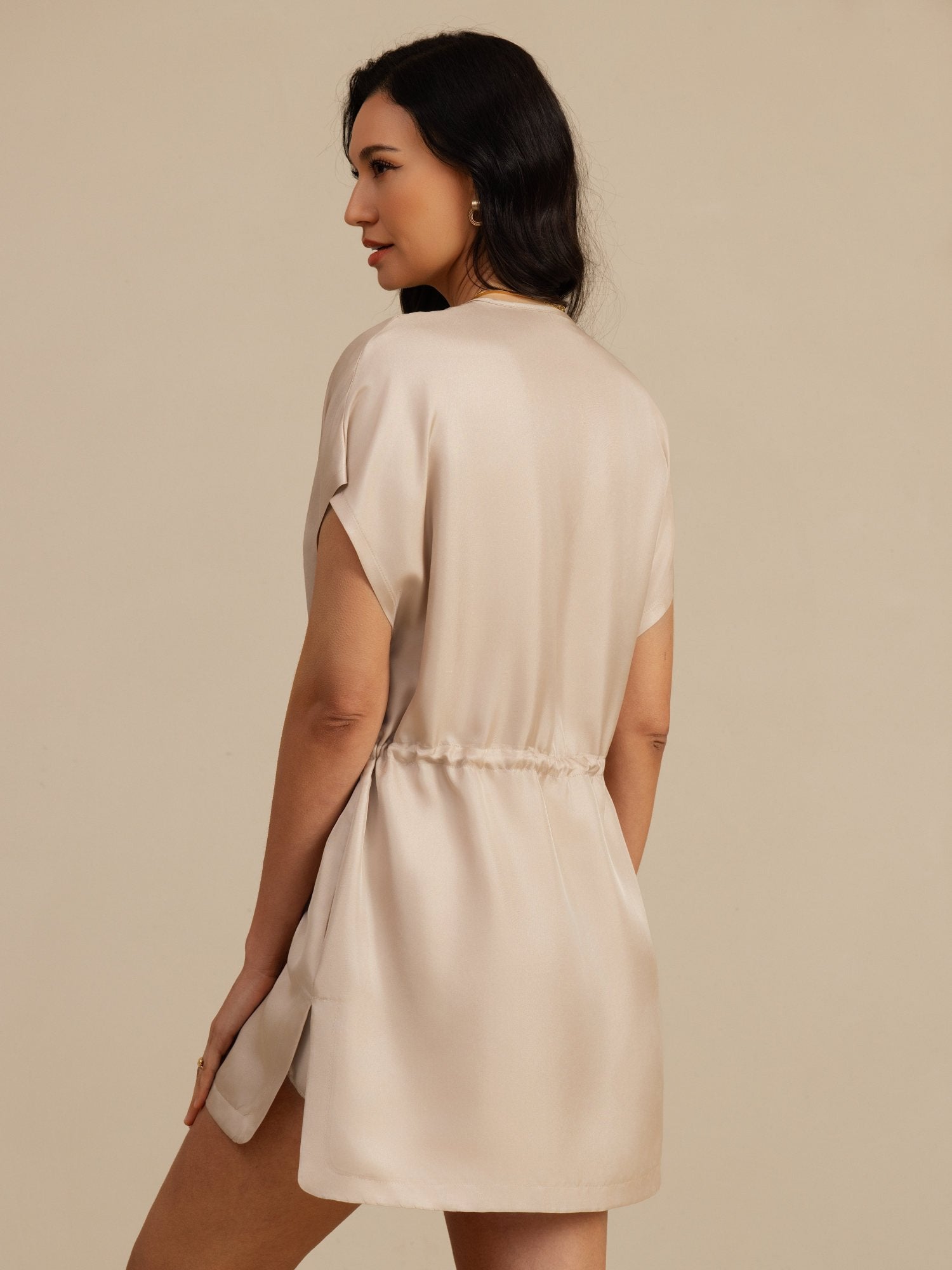 [Tan] SilkSilky-UK 18Momme Silk Satin Surah Cap Sleeve Henley Neck Dress 002