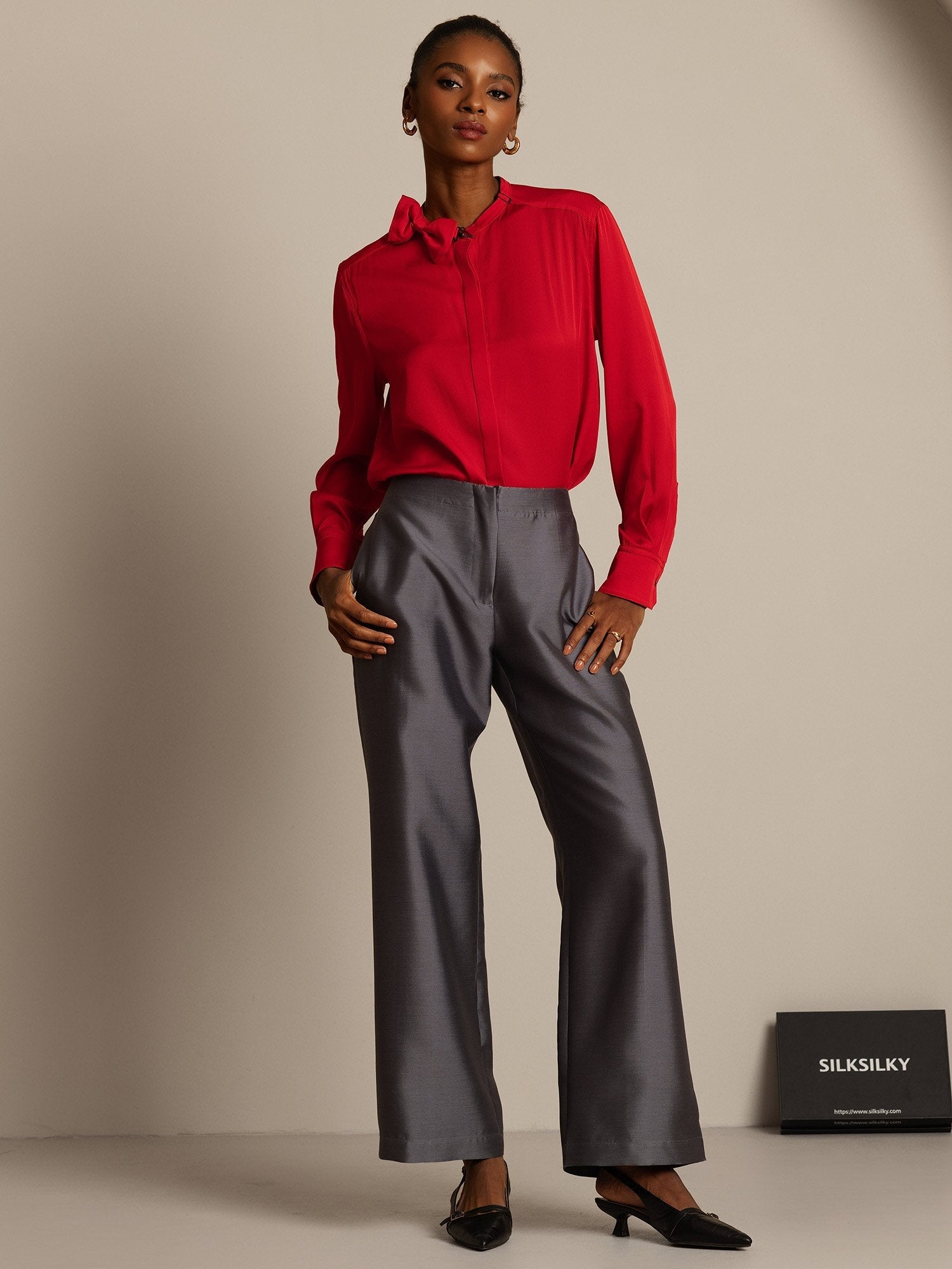 [Gray] SilkSilky-UK 32Momme Silk-Wool Blend Womens Pants 005,