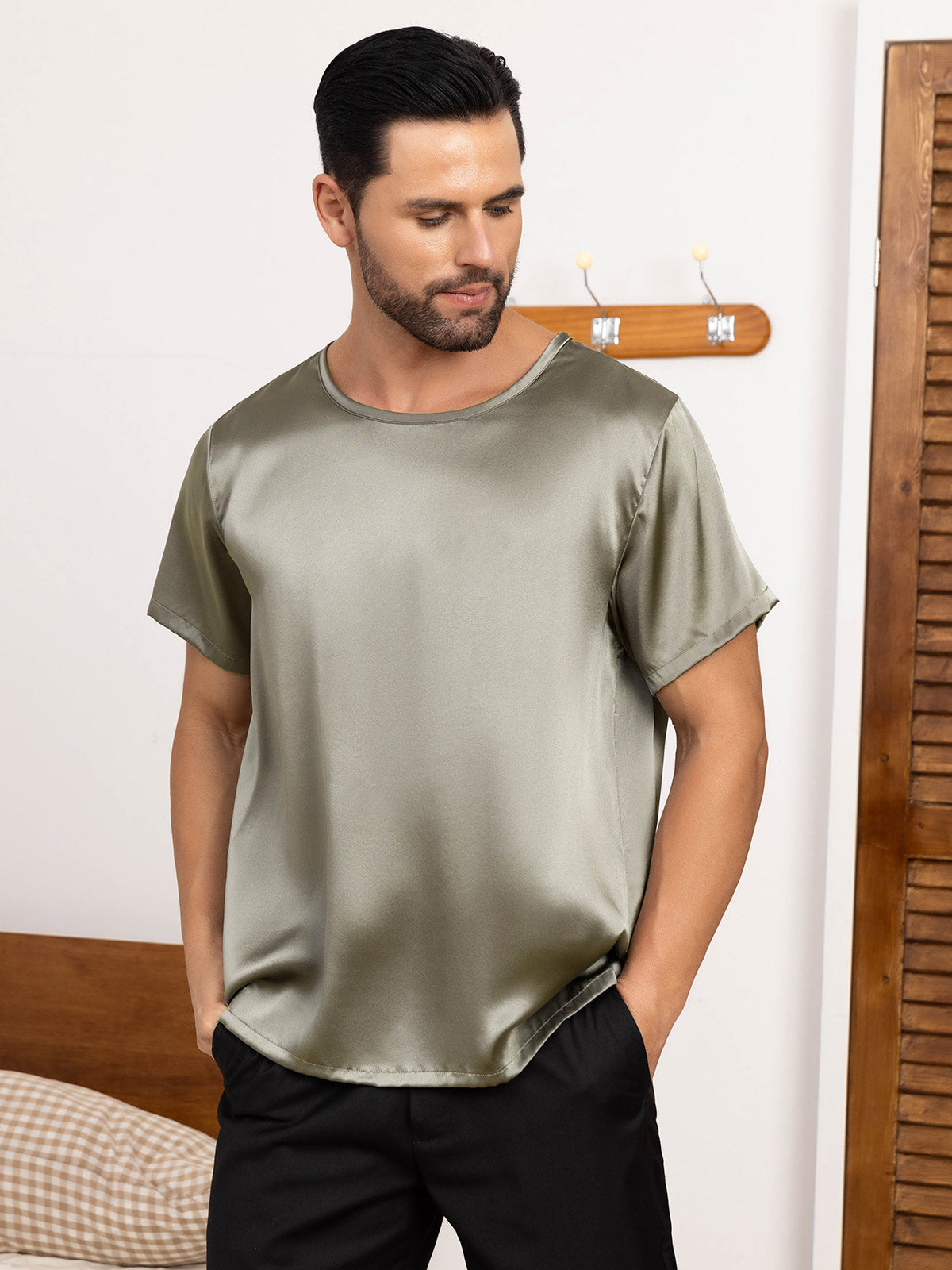 [GrayishGreen] SilkSilky-UK Pure Silk Short Sleeve Round Neck Men's T-Shirt 004