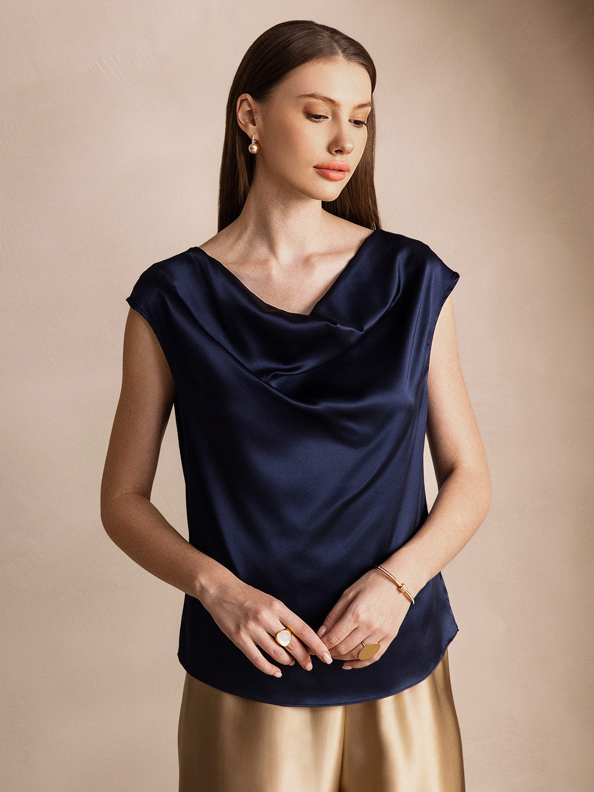[Dark Blue] SilkSilky-UK 19Momme Silk Cap Sleeve Cowl Neck Women's T-Shirt 001