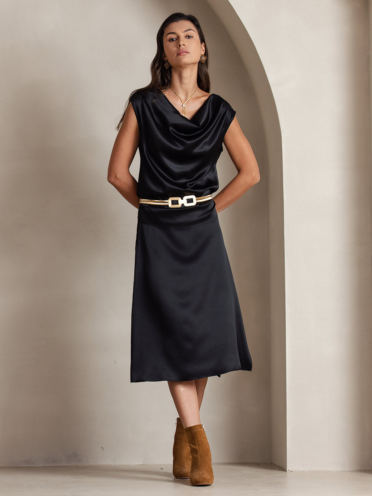 [Black] SilkSilky-UK 19Momme Silk Cap Sleeve Cowl Neck Women's T-Shirt 005