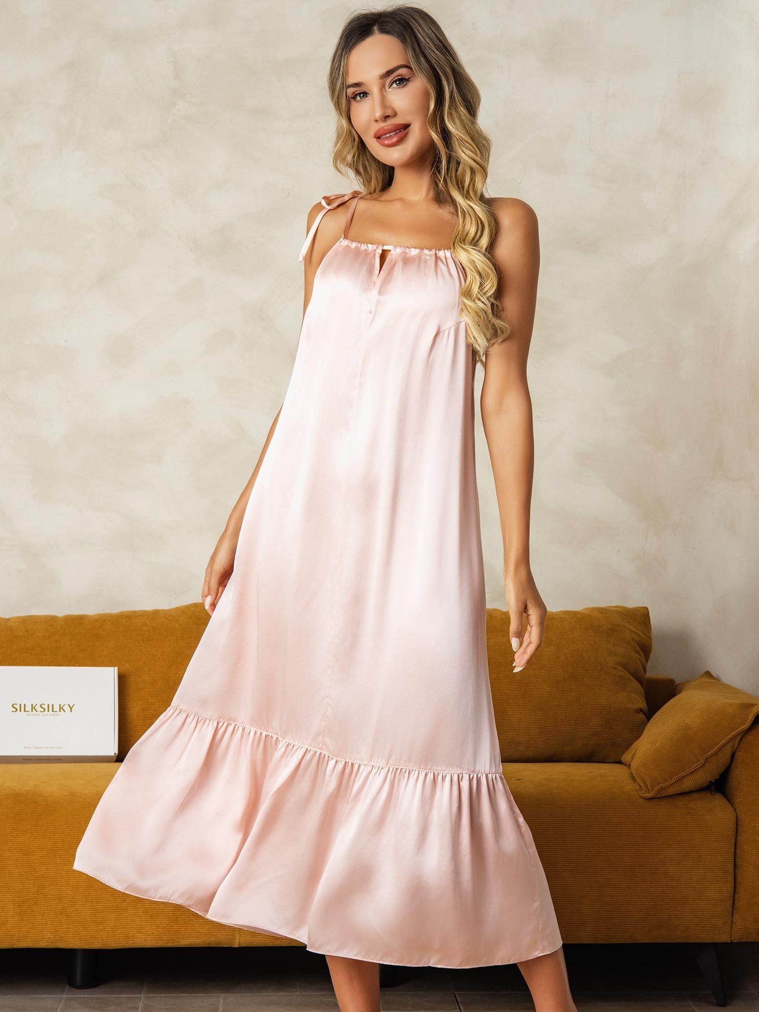 [Pink] SilkSilky-UK Pure Silk Keyhole Neck Nightdress 003