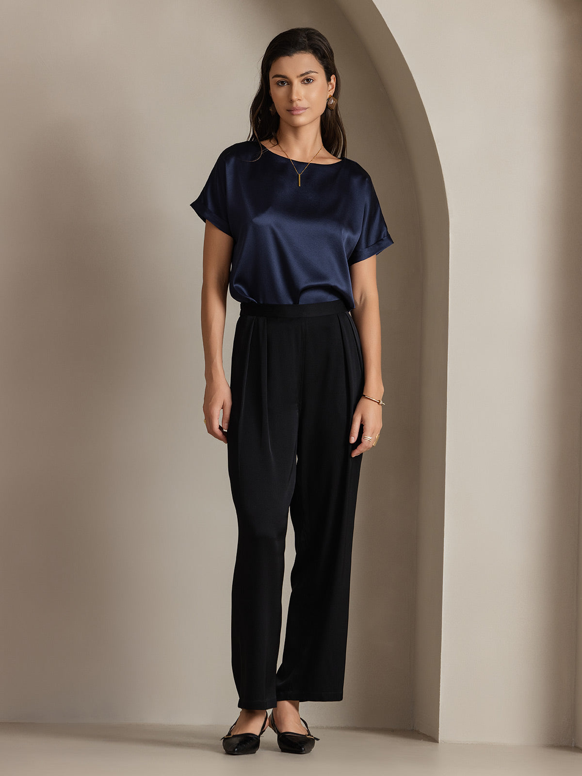 [Dark Blue] SilkSilky-UK 19Momme Silk Short Sleeve Round Neck Women's T-Shirt 005