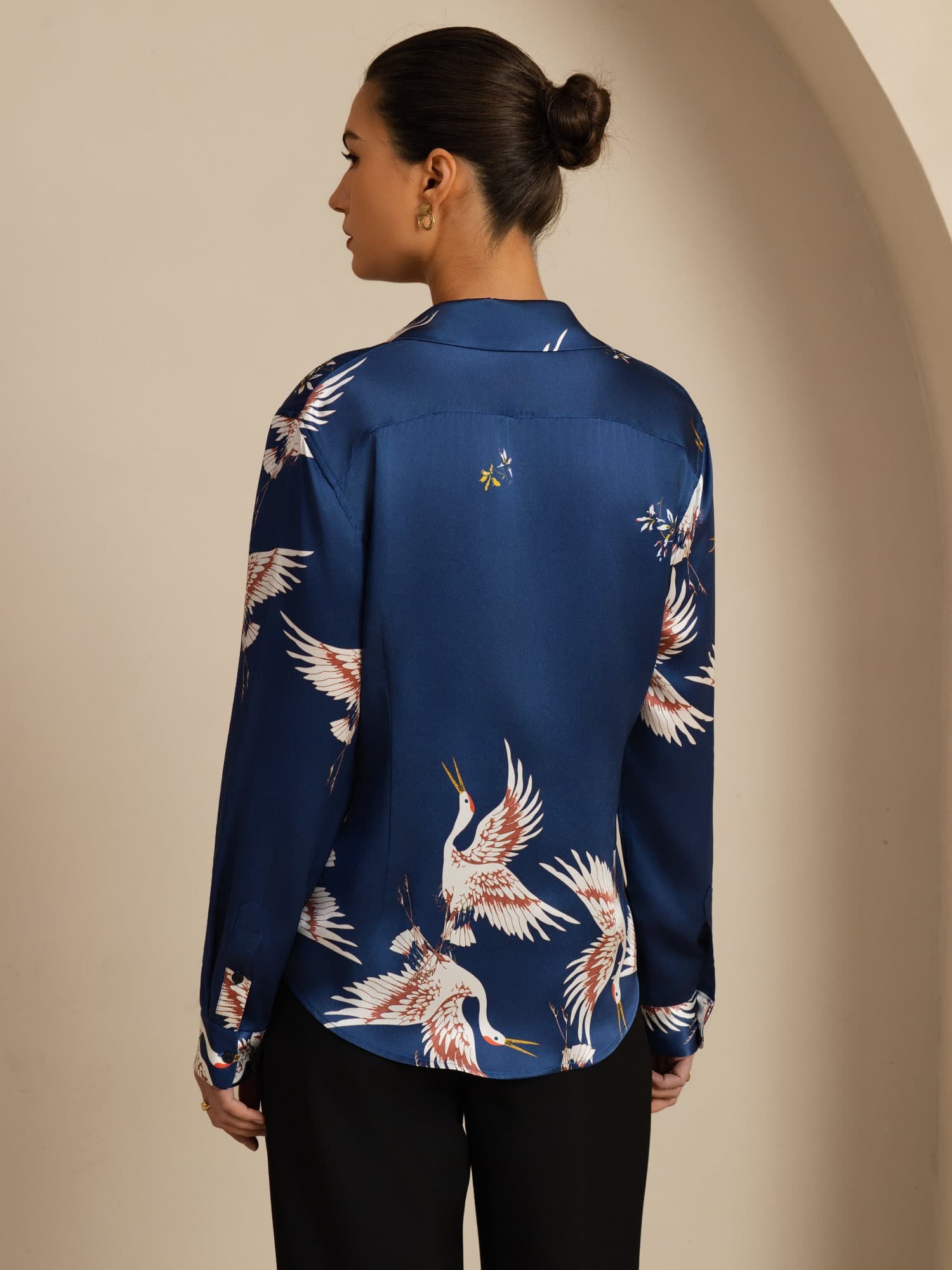 [Dark Blue] SilkSilky-UK 19Momme Long Sleeve Lapel Collar Women's Shirt 002