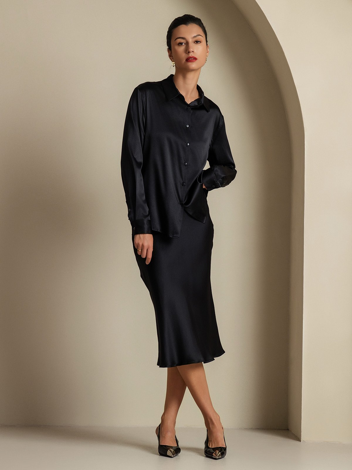 [Black] SilkSilky-UK 19Momme Silk Knitted Collar Women''s Outfit Sets 001,