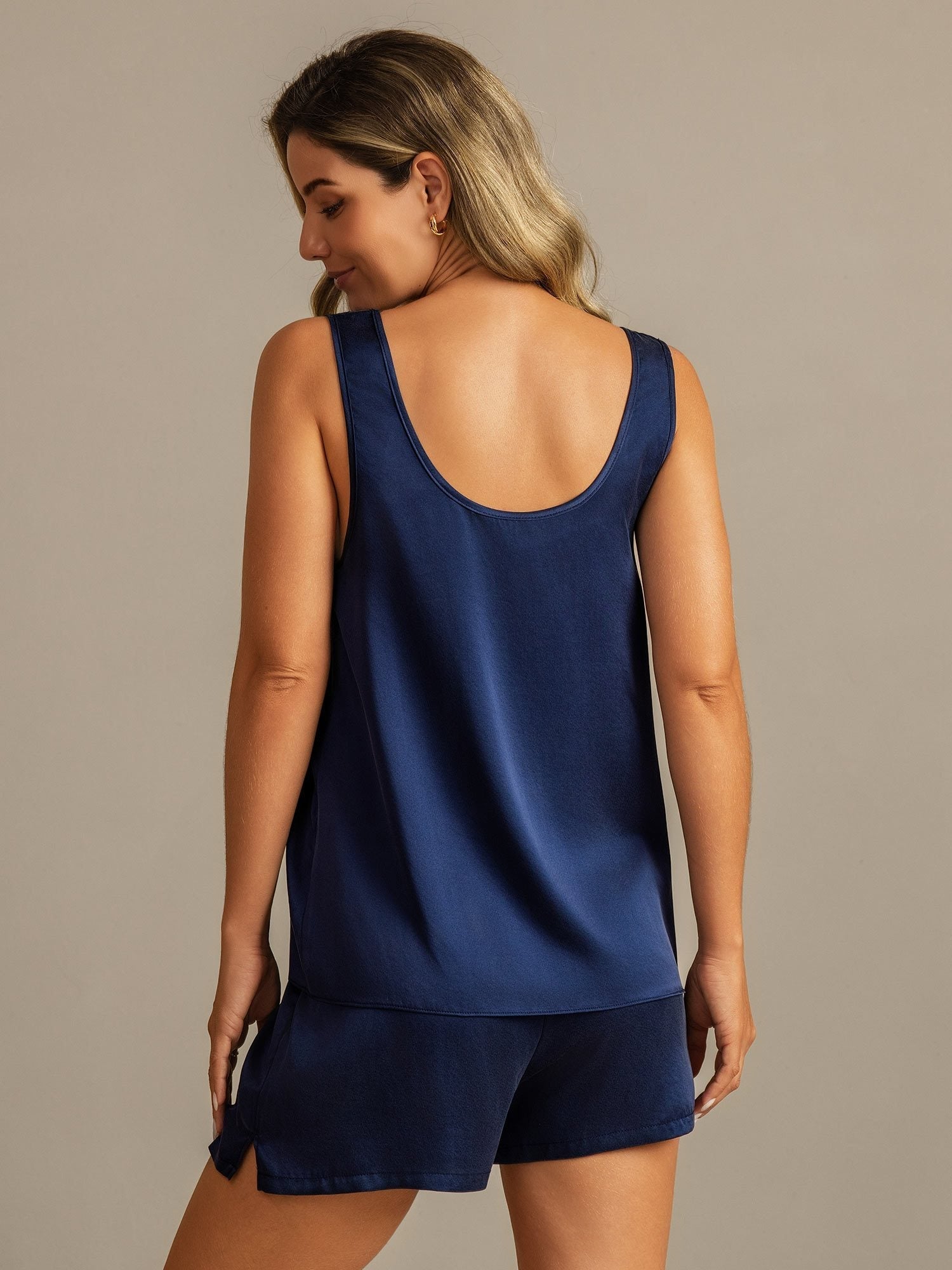 [Dark Blue] SilkSilky-UK 19Momme Machine-Washable Silk U Neck Women's Pyjamas 002