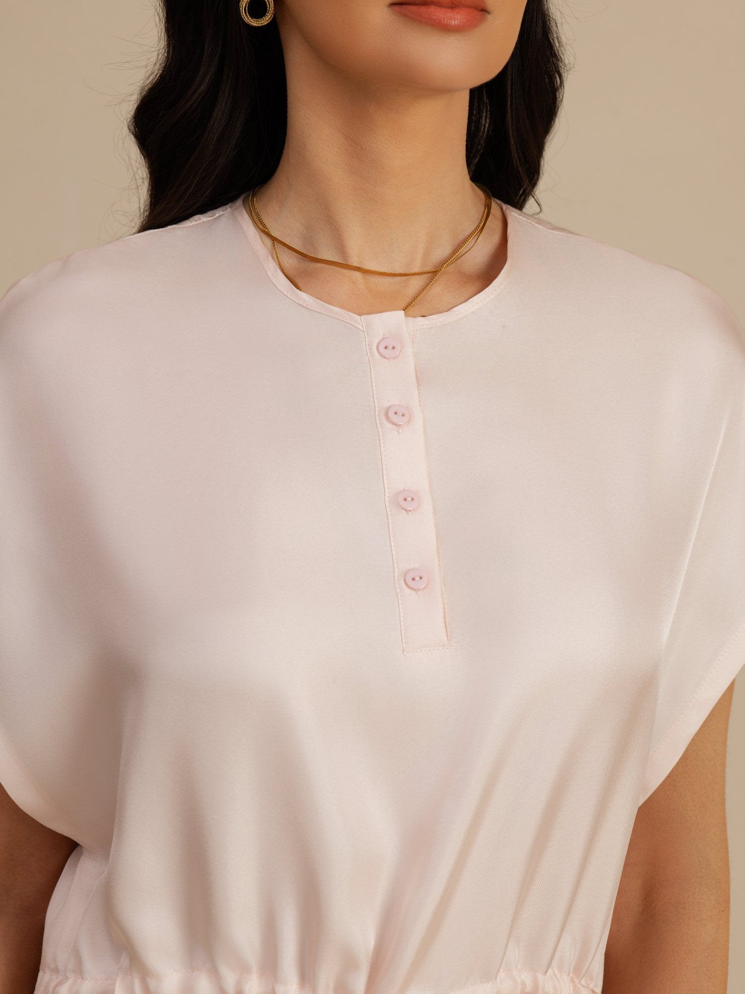 [Pink] SilkSilky-UK 18Momme Silk Satin Surah Cap Sleeve Henley Neck Dress 004