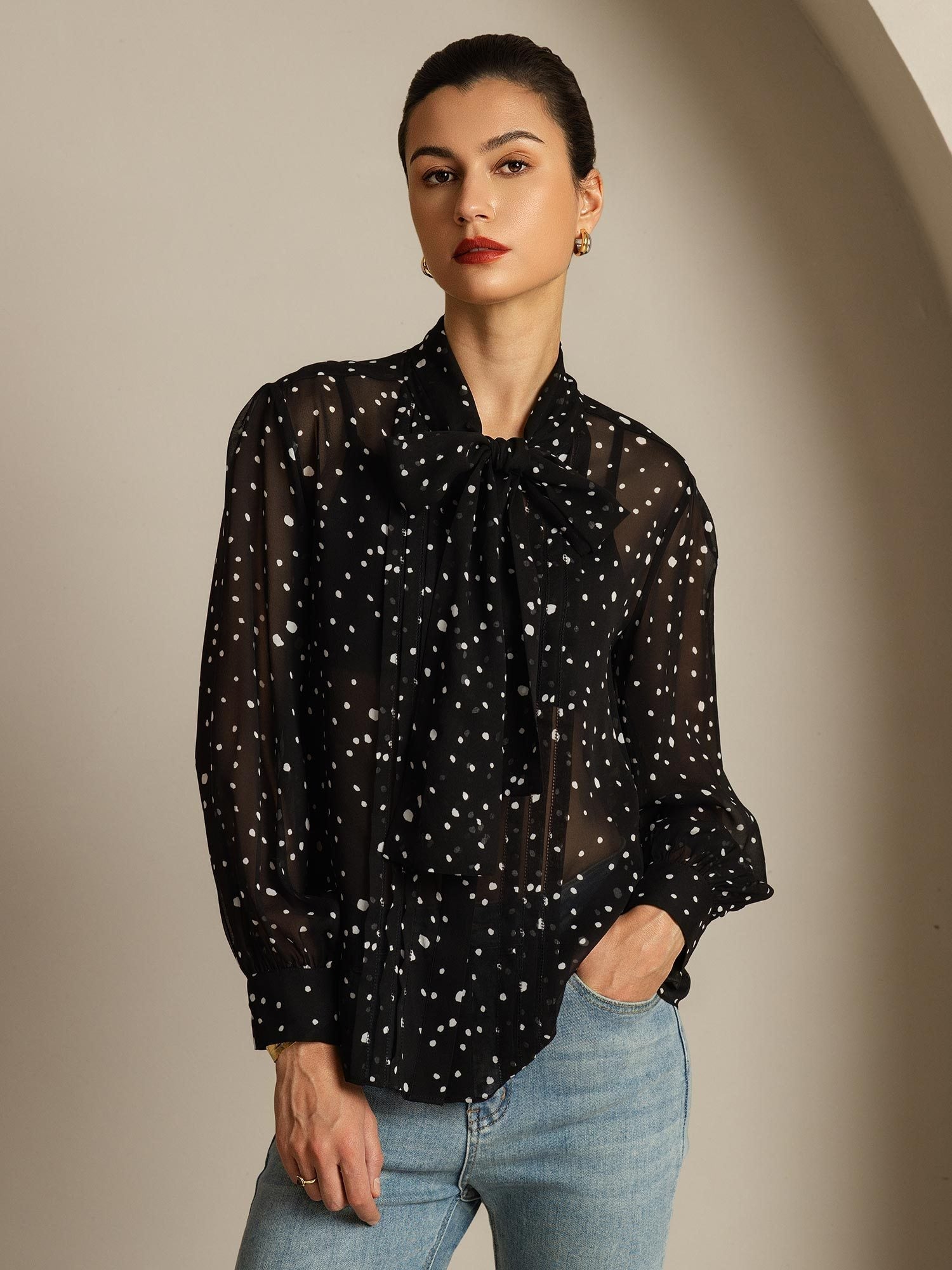 [PolkaDot] SilkSilky-UK Pure Silk Tie Neck Women's Shirt 006