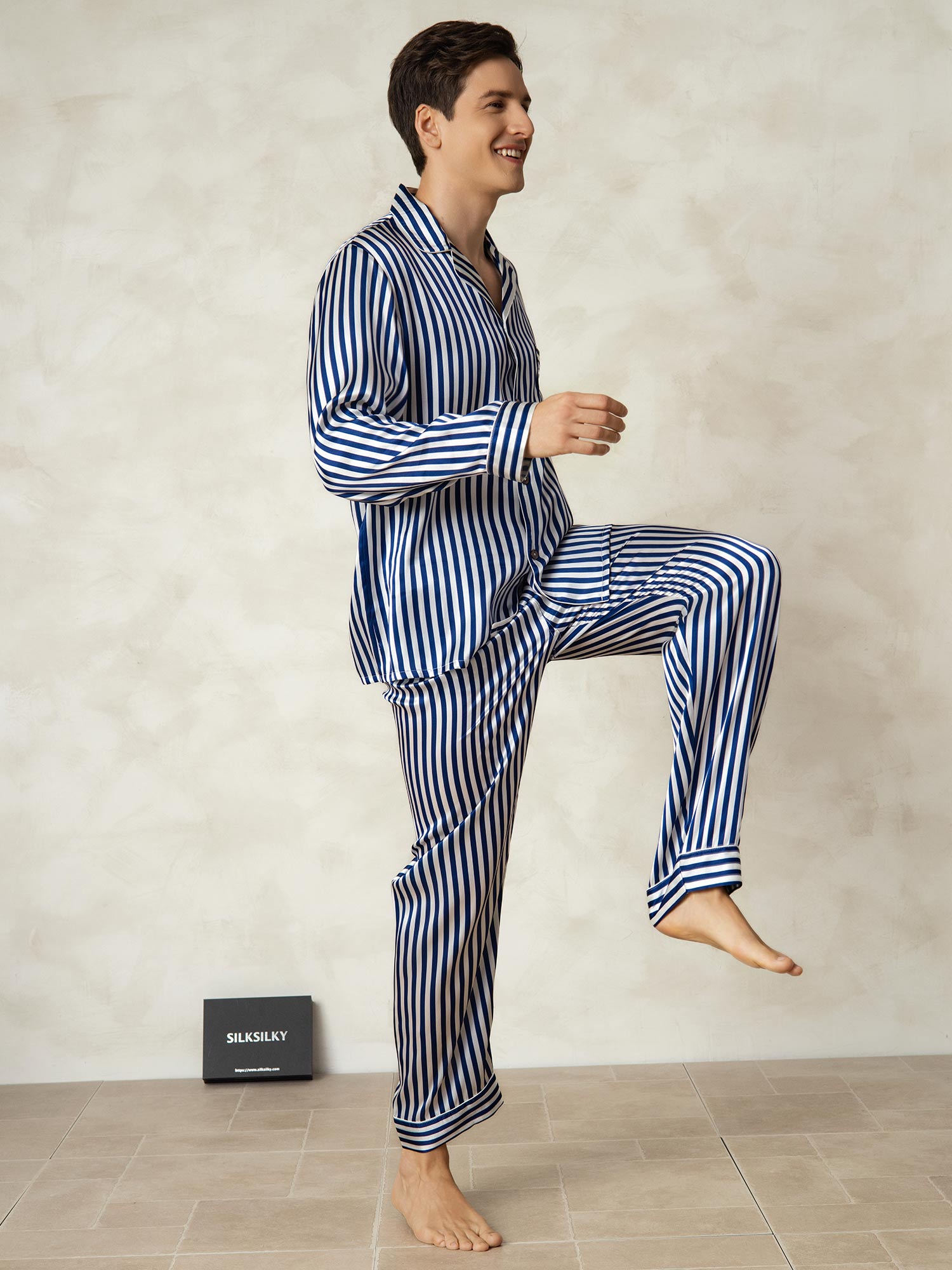 [Navy Stripe] SilkSilky-UK 19Momme Pure Silk Mens Pajamas 004