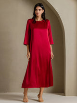 [Wine] SilkSilky-UK 3/4 Sleeve Round Neck Dress 006