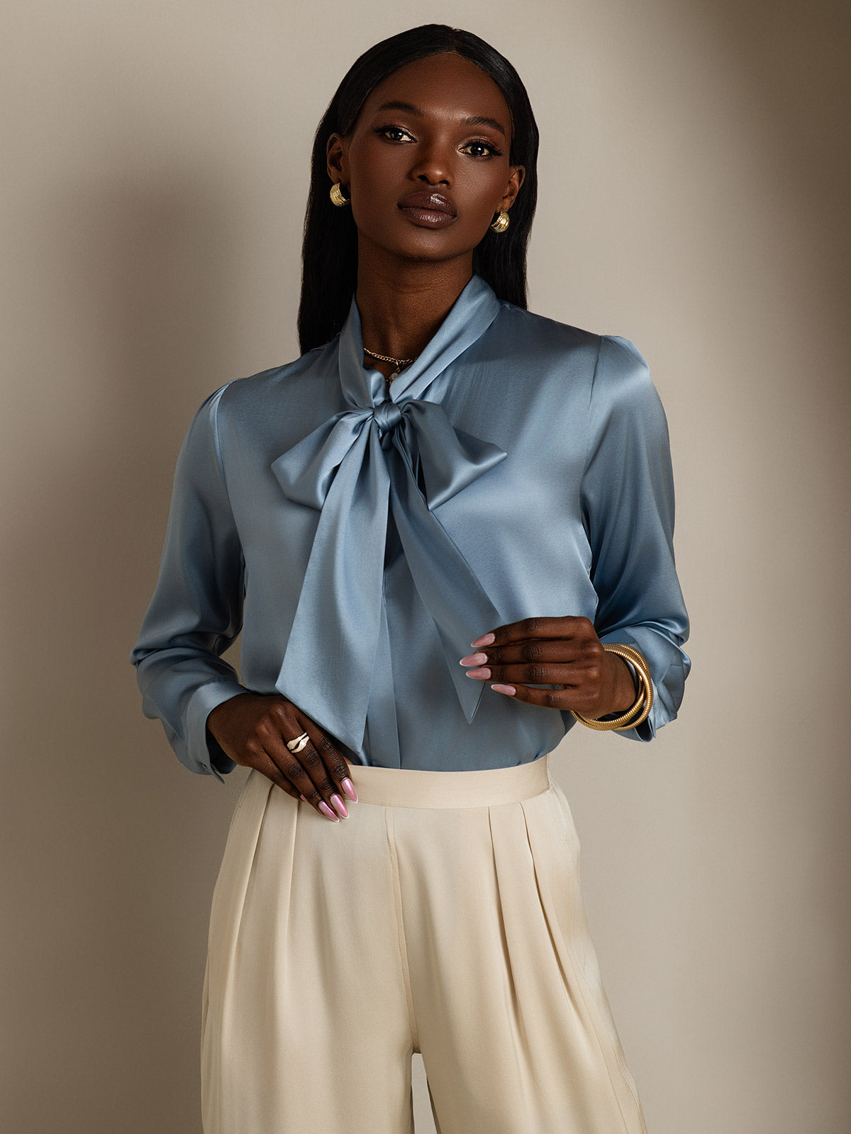 [Grayish Blue] SilkSilky-UK 19Momme Silk Long Sleeve Tie Neck Women's Shirt 004