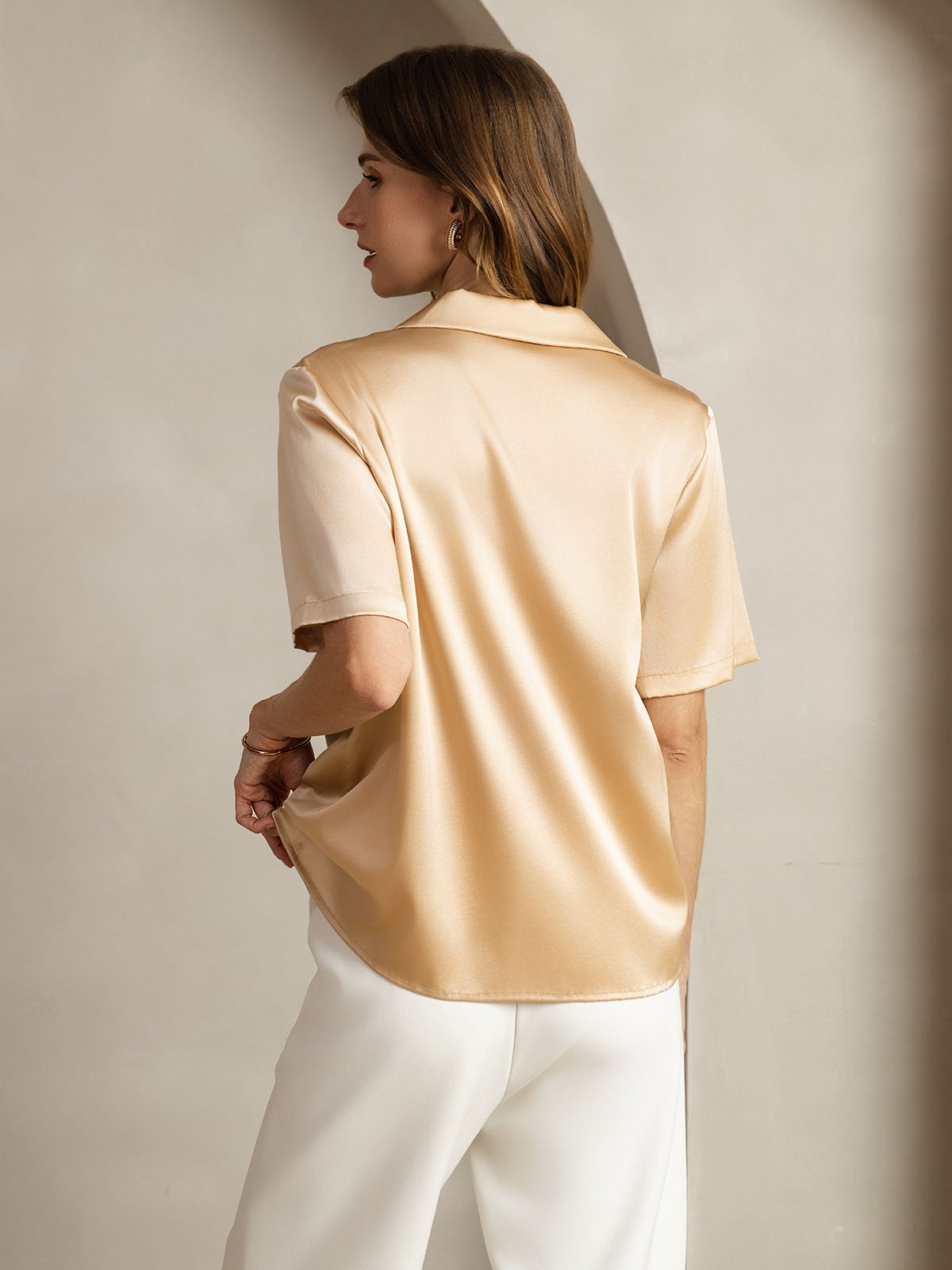 [Champagne] SilkSilky-UK 19Momme Silk Notched Neck Women's Shirt 002