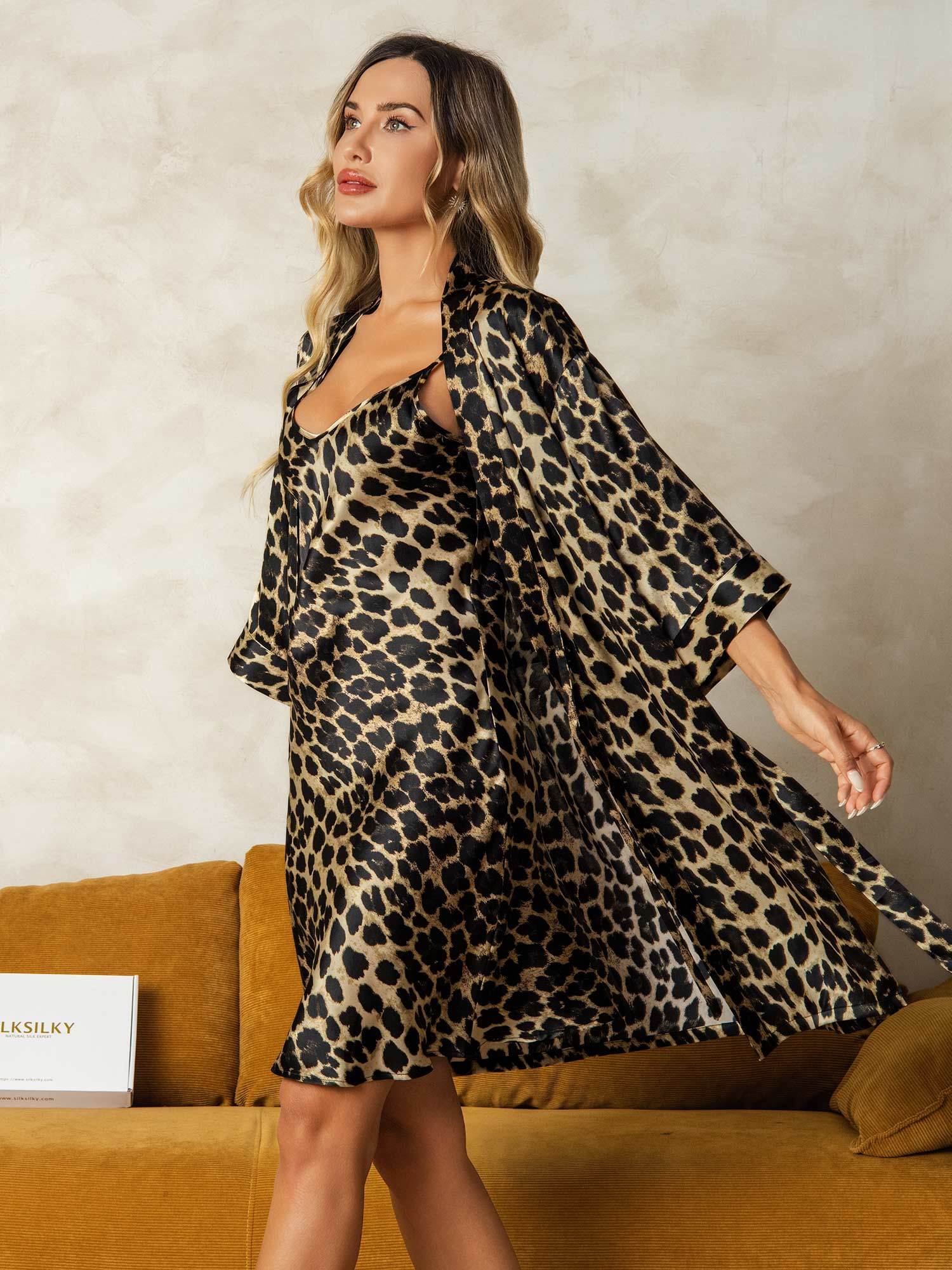[Leopard] SilkSilky-UK Pure Silk V Neck Nightdress&Dressing gowns 004