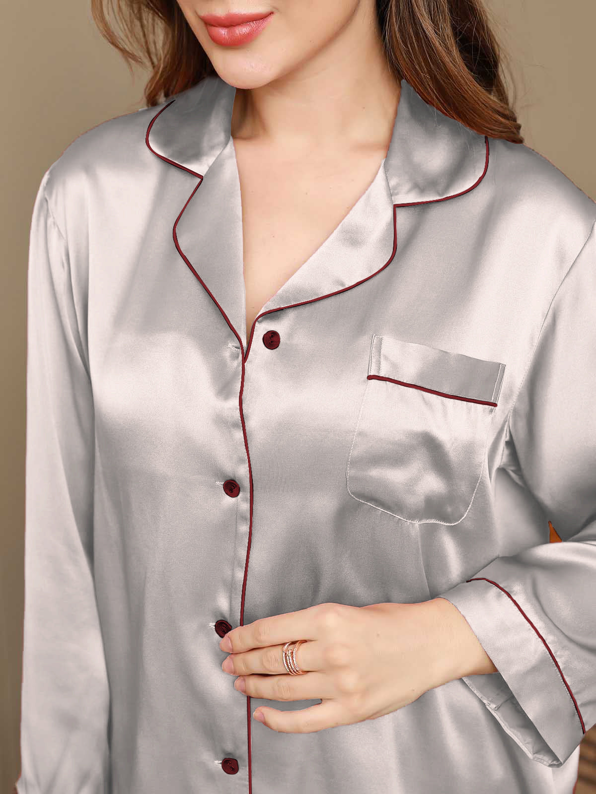 SilkSilky-UK Pure Silk Long Sleeve Lapel Women's Pyjamas Silver 006