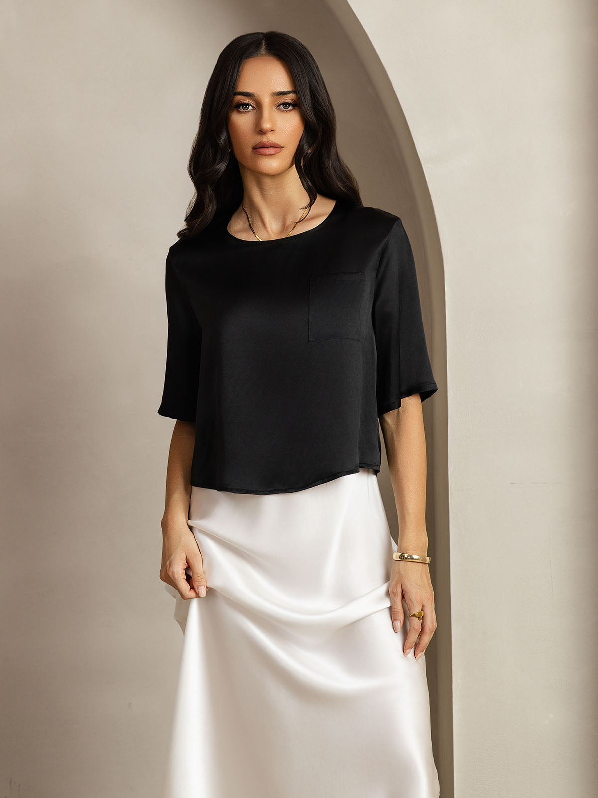 [Black] SilkSilky-UK Pure Silk Boat Neck Women's T-Shirt 004