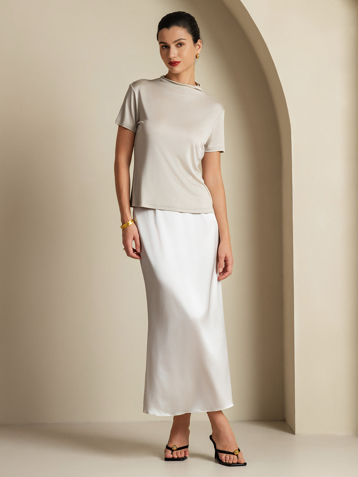 [Light Gray] SilkSilky-UK 19Momme Stretch Silk Charmeuse Skirt 007