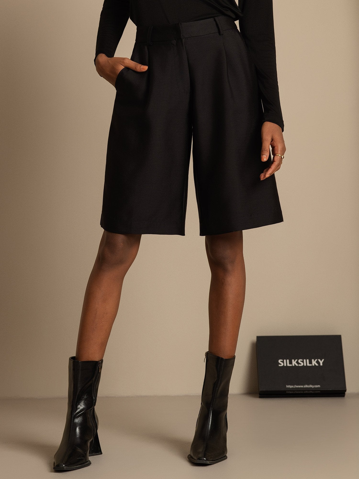 [Black] SilkSilky-UK 32Momme Silk-Wool Blend Womens Shorts 003,