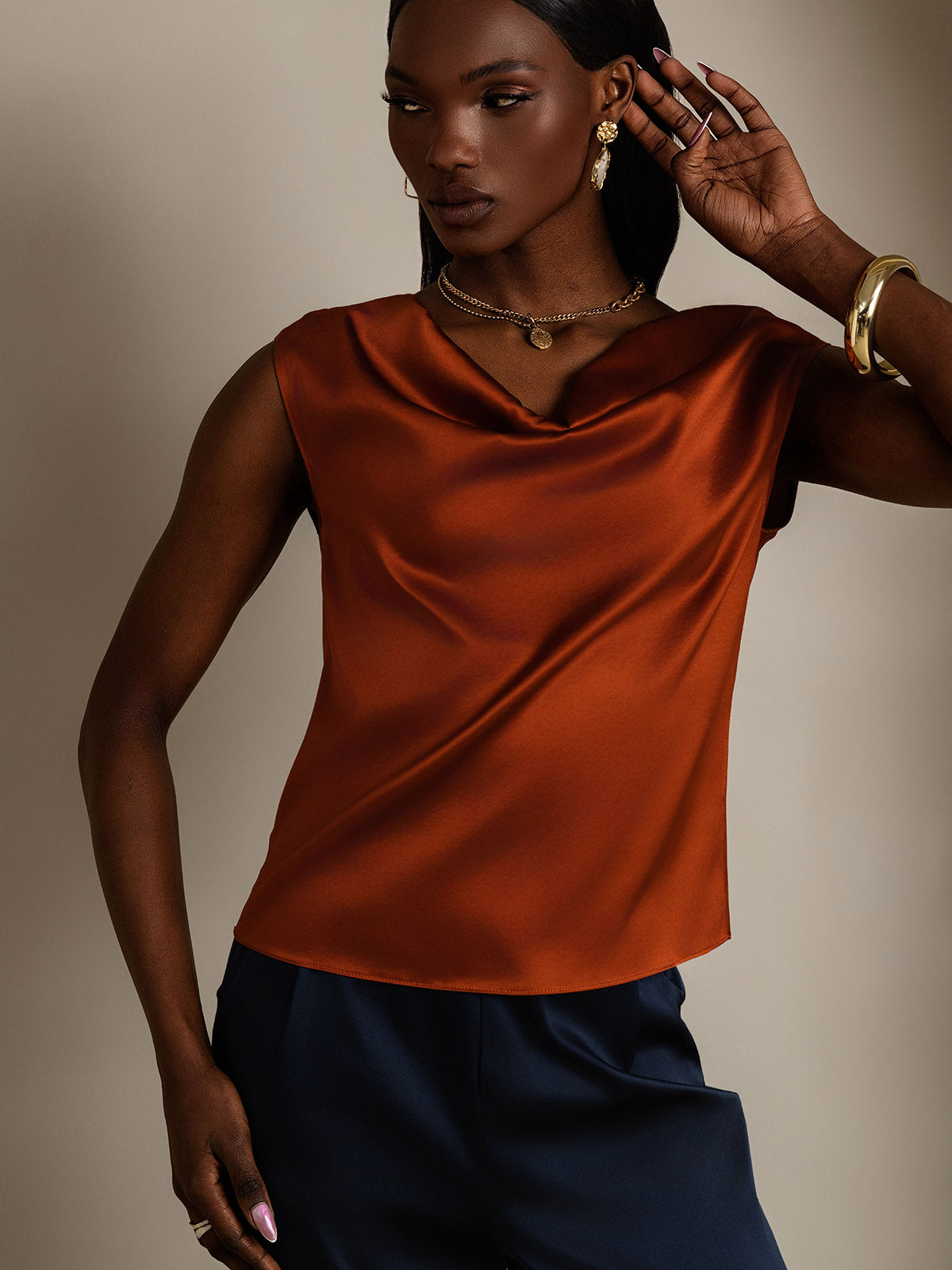 [Caramel] SilkSilky-UK 19Momme Silk Cap Sleeve Cowl Neck Women's T-Shirt 006