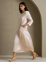 [Beige] SilkSilky-UK 3/4 Sleeve Round Neck Dress 007
