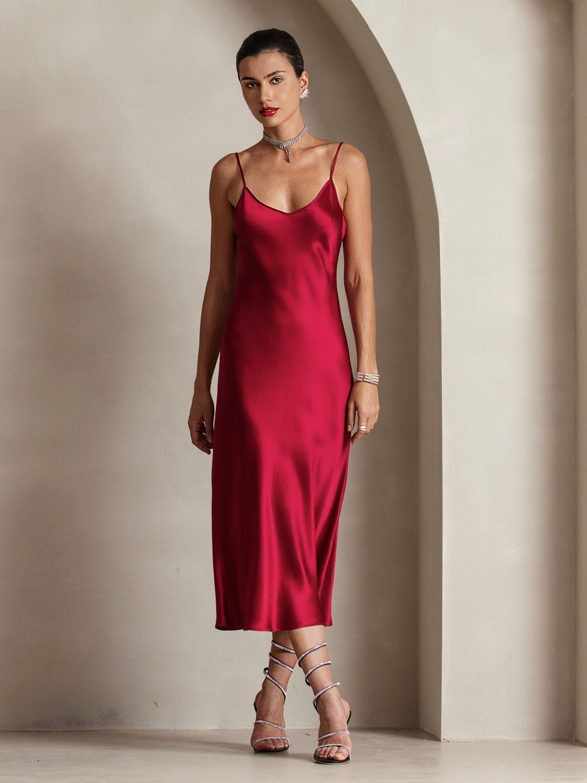 SilkSilky-UK Pure Silk Sleeveless Round Neck Dress Wine 005