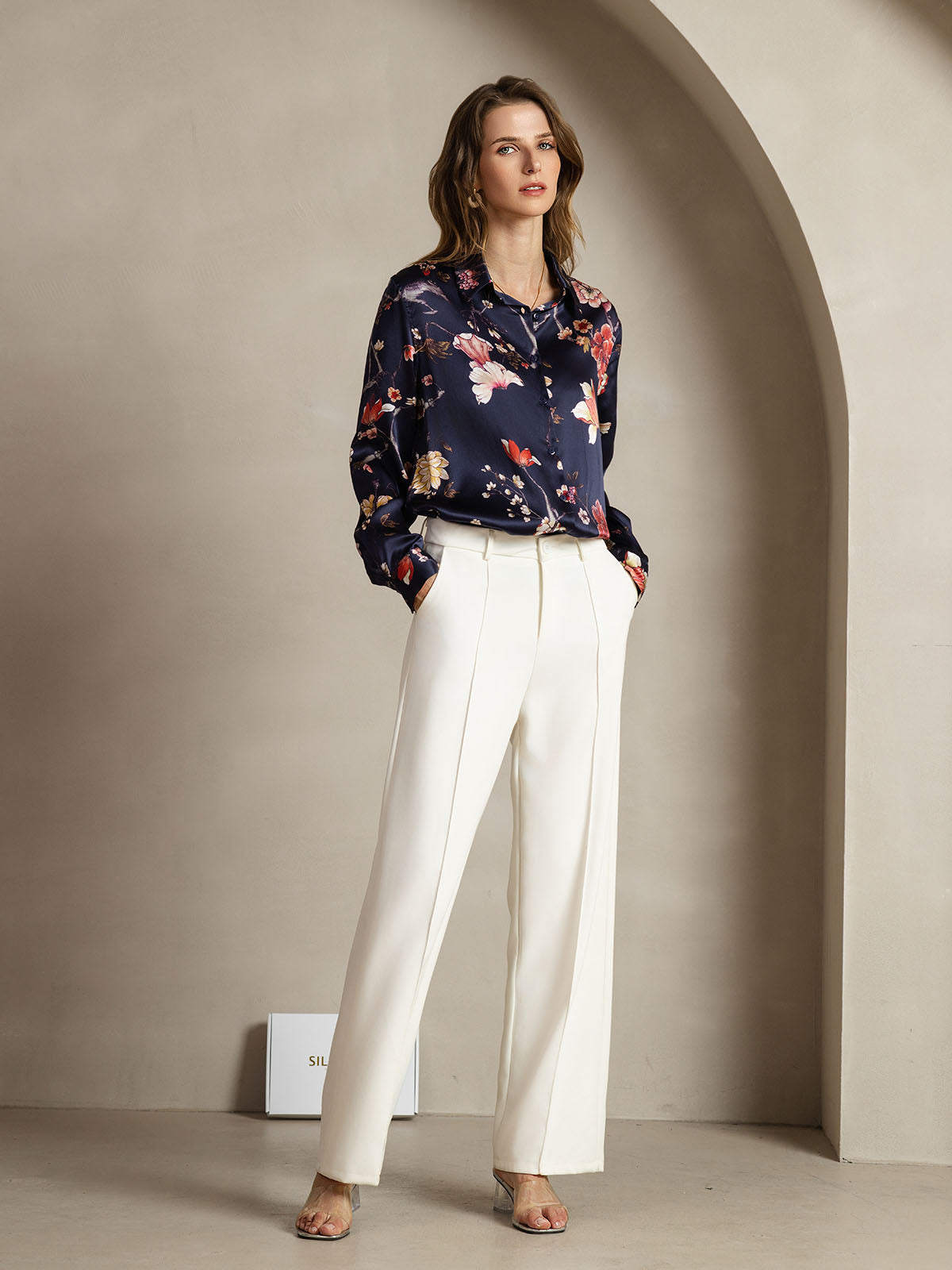 [Navy Floral] SilkSilky-UK Silk Collar Women's Shirt 003